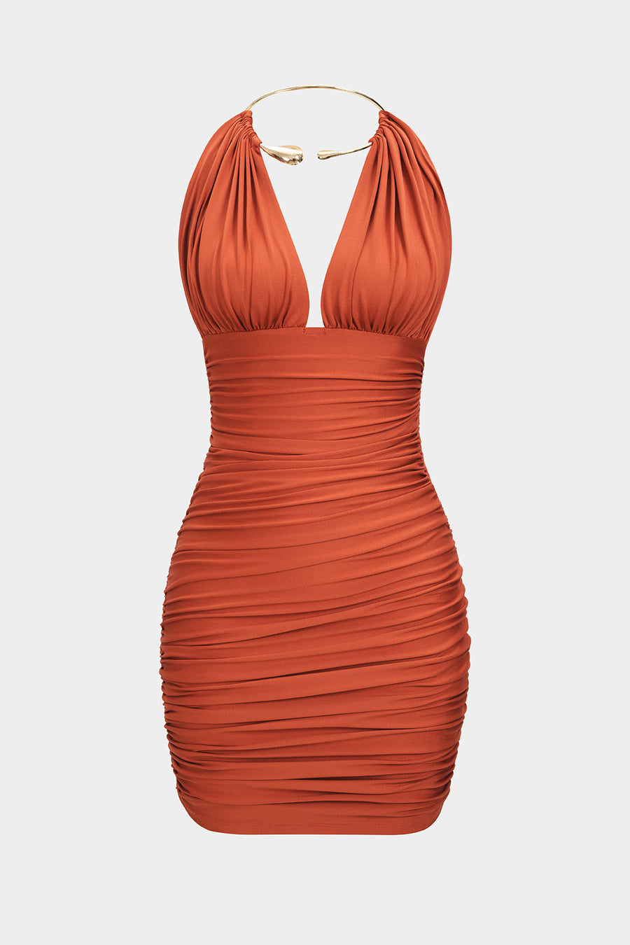Metallic Halter Backless Ruched Sleeveless Mini Dress
