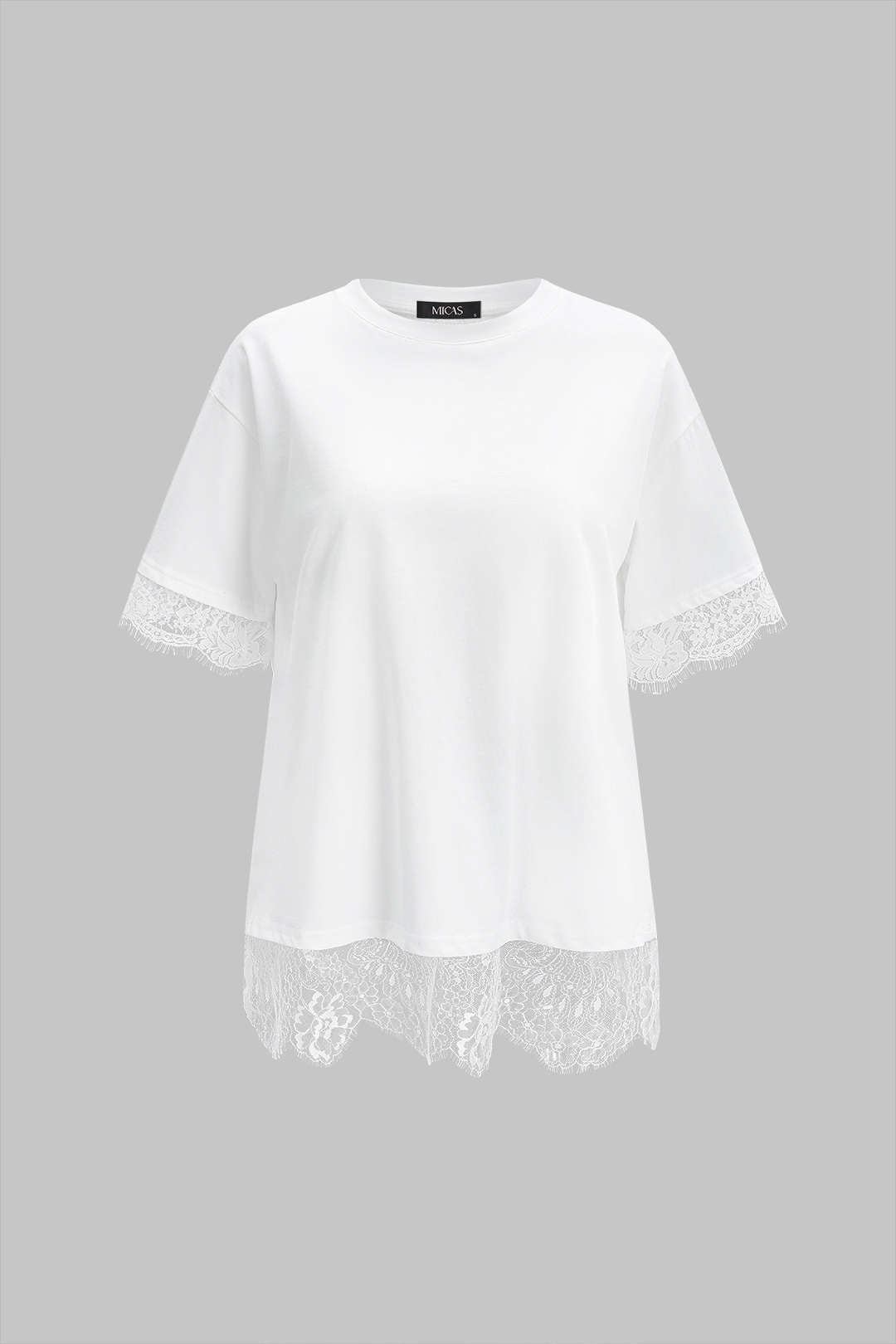 Solid Lace Patchwork Round Neck Short Sleeve T-Shirt