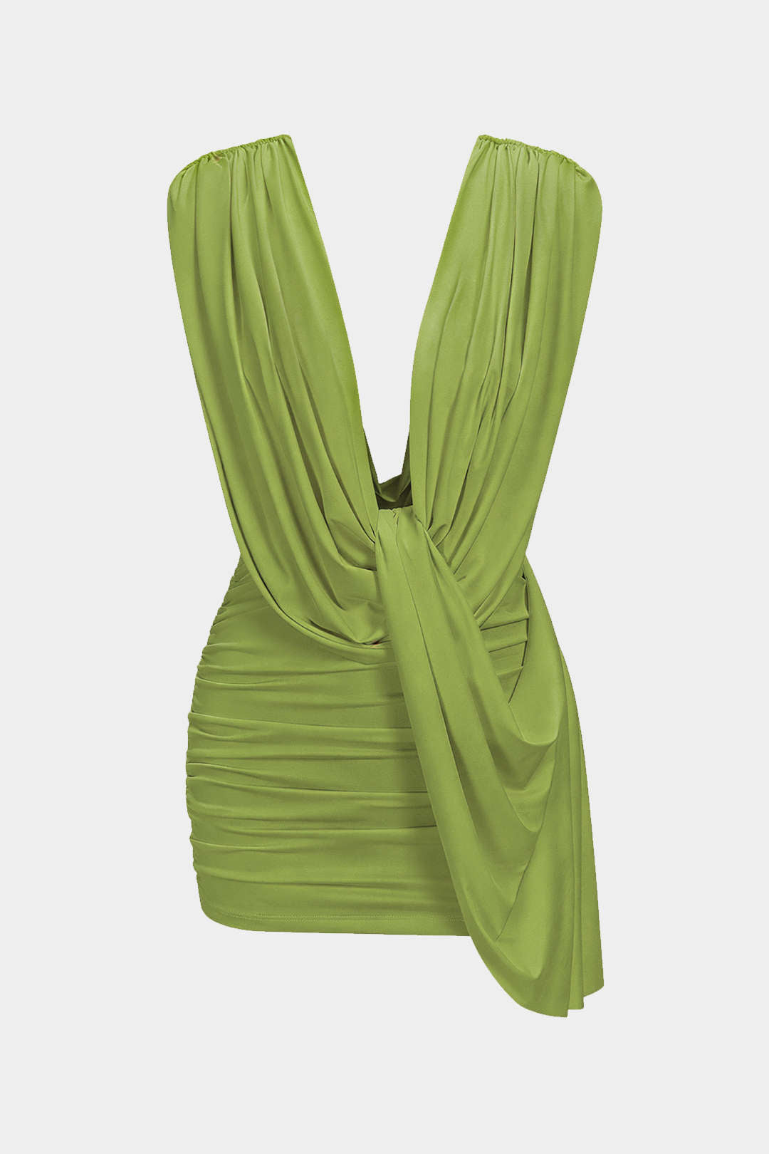 Ruched Draped Cowl Neck Asymmetrical Sleeveless Mini Dress