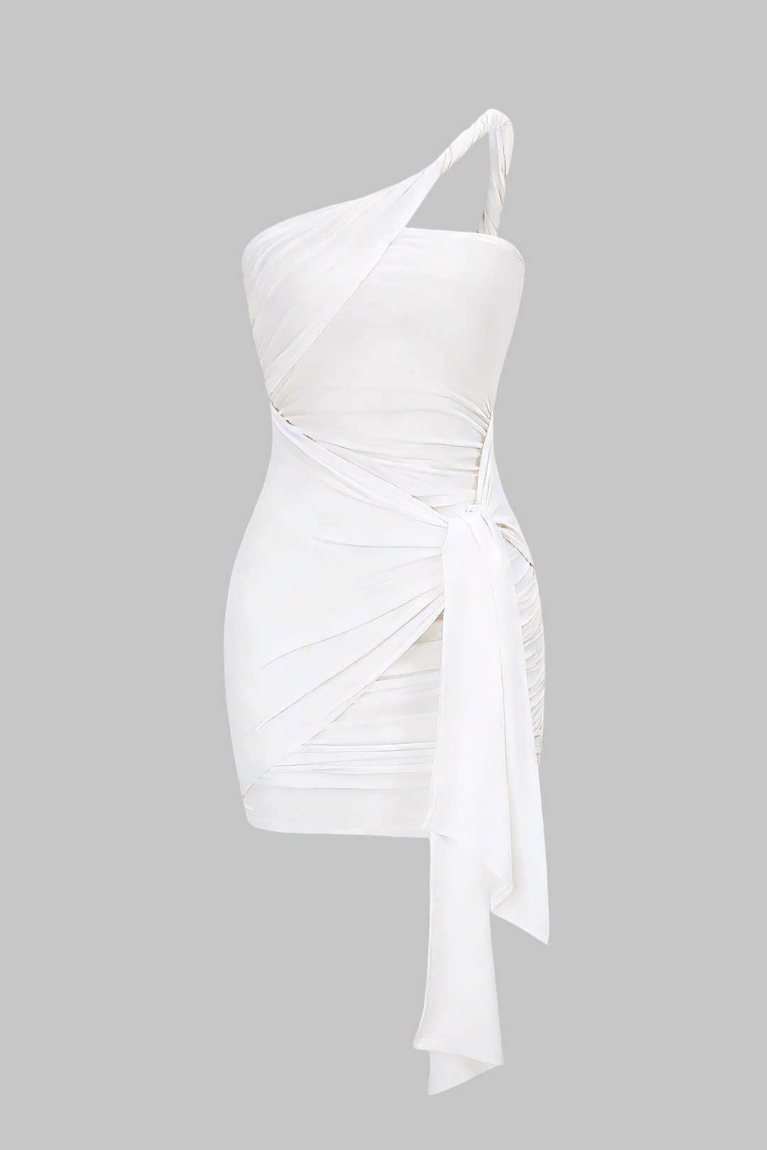 One Shoulder Twist Knot Asymmetrical Tie-Up Ruched Sleeveless Mini Dress