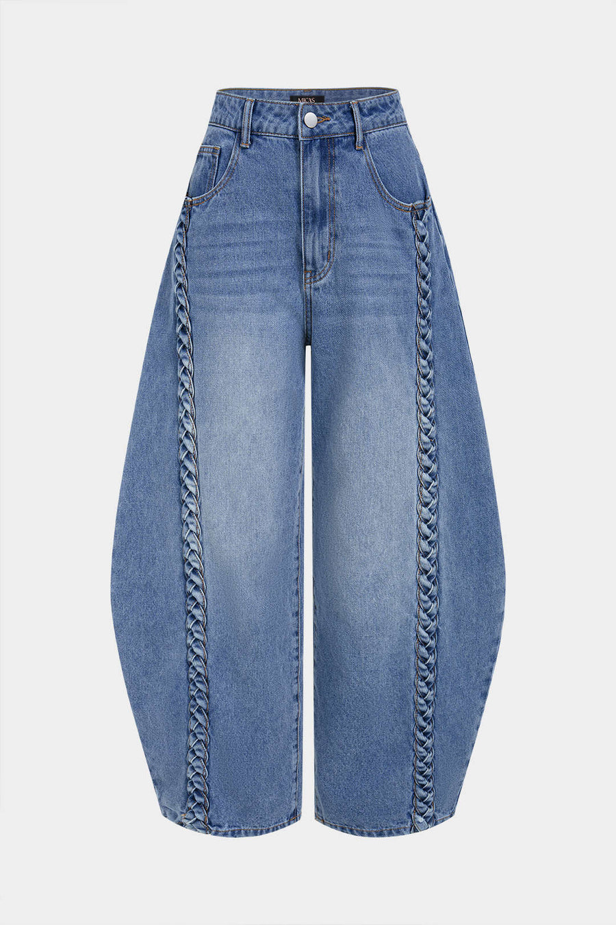 Denim Braided Pocket Zipper Barrel Jeans