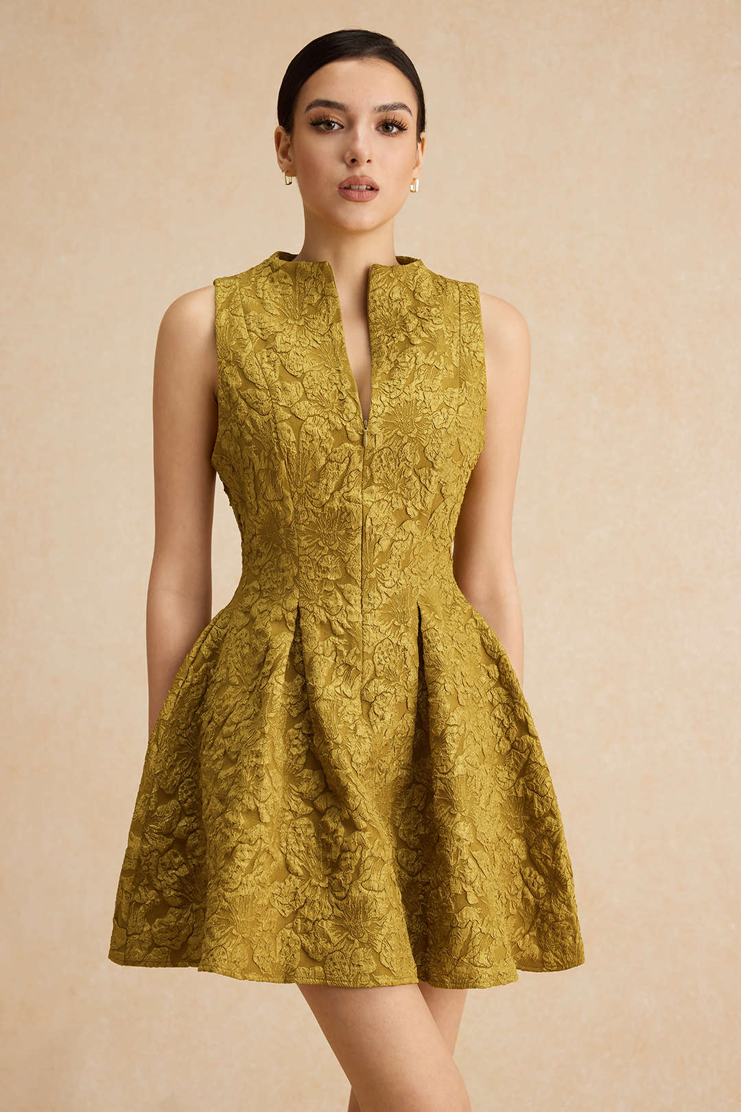 Jacquard Sleeveless Ruched Mini Dress