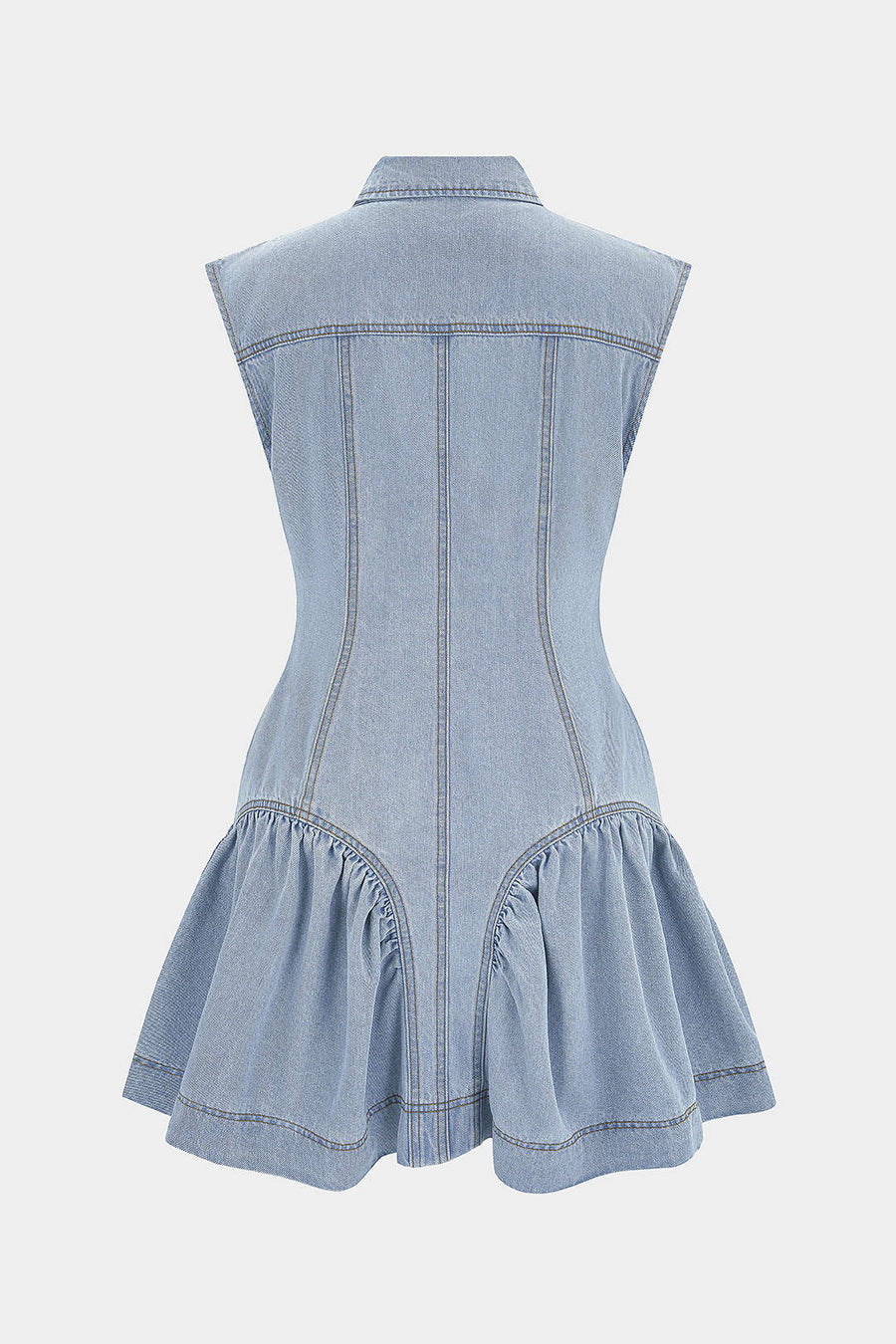Denim-mekko, jossa on käänne, napit ja röyhelöiset hihat, hihaton minipuku