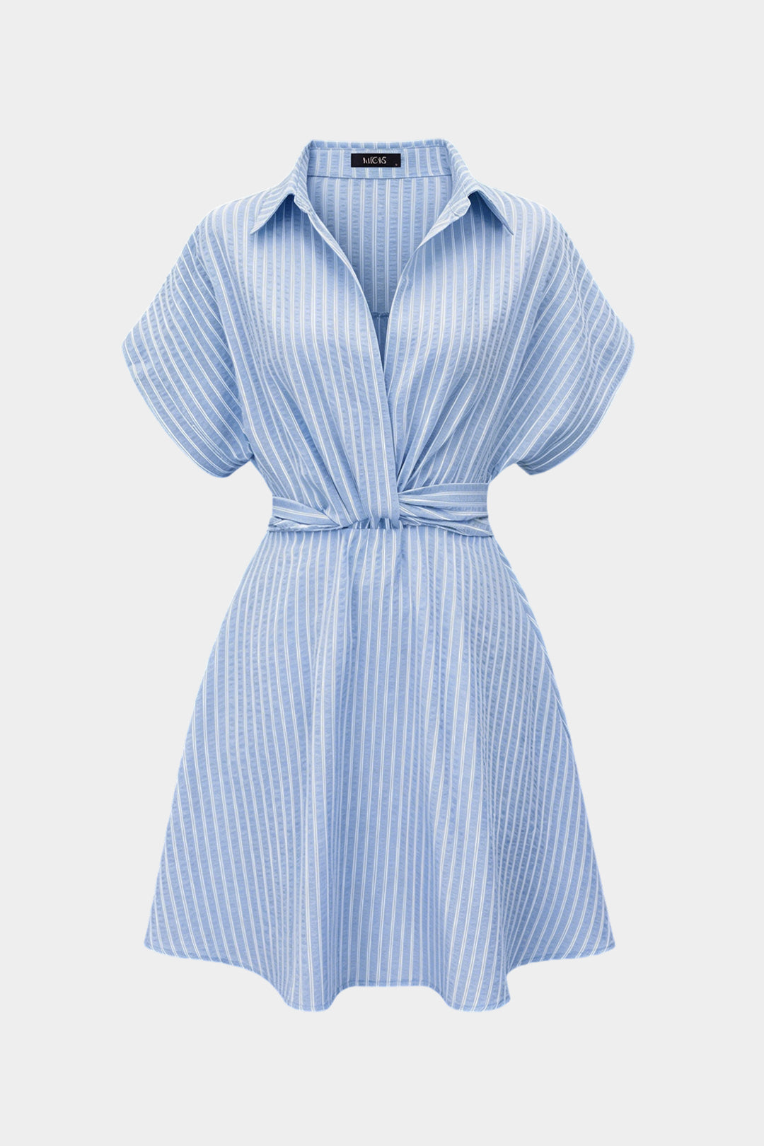 Stripes Print Lapel Twist Knot Short Sleeve Mini Dress