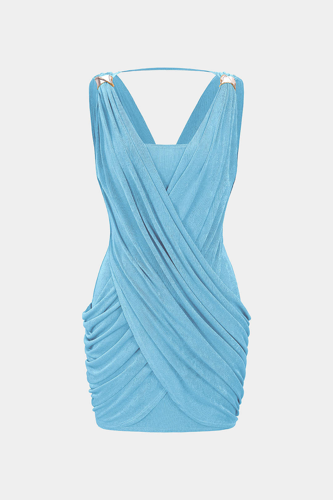Crossed V-Neck Ruched Metallic Decor Sleeveless Mini Dress