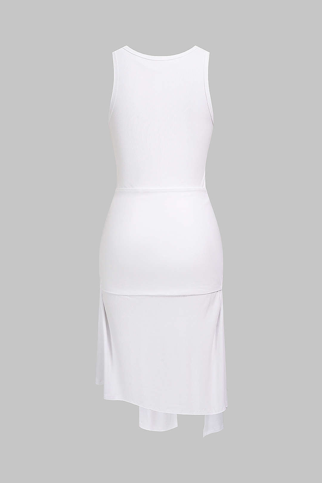 Letter Print Tie Front Round Neck Asymmetrical Slit Sleeveless Midi Dress