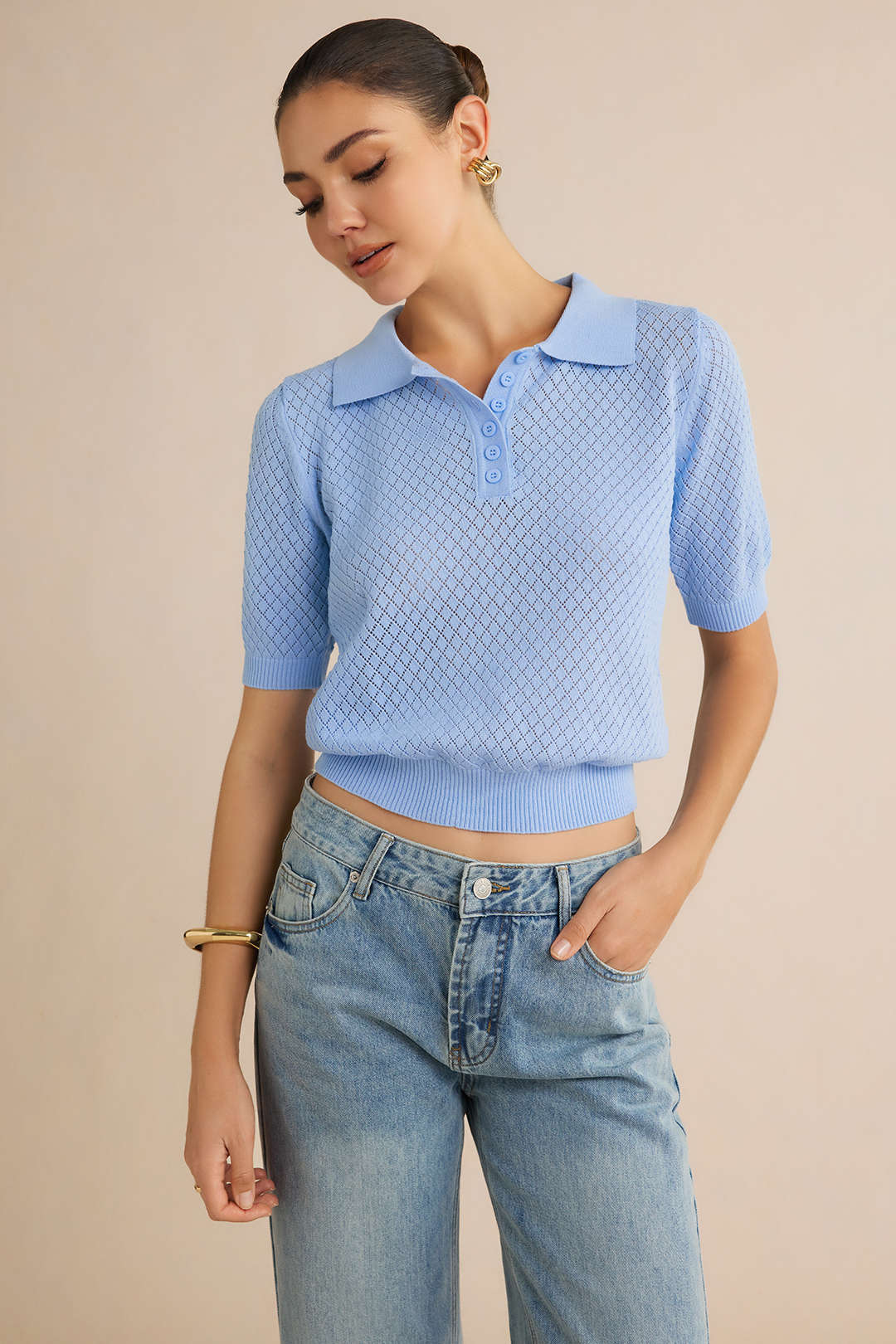 Solid Polo Callor Cut Out Short Sleeve Top