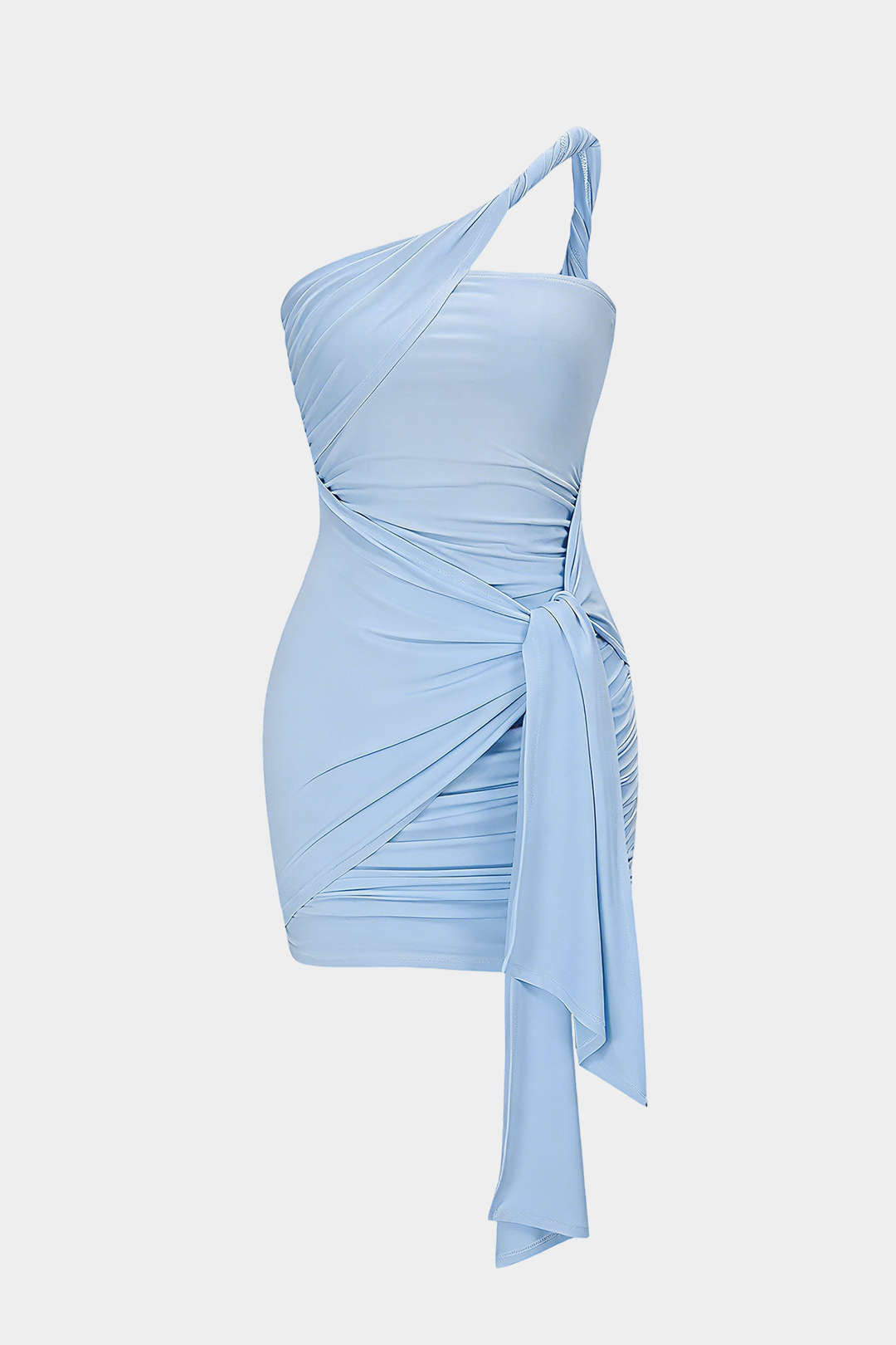 One Shoulder Twist Knot Asymmetrical Tie-Up Ruched Sleeveless Mini Dress