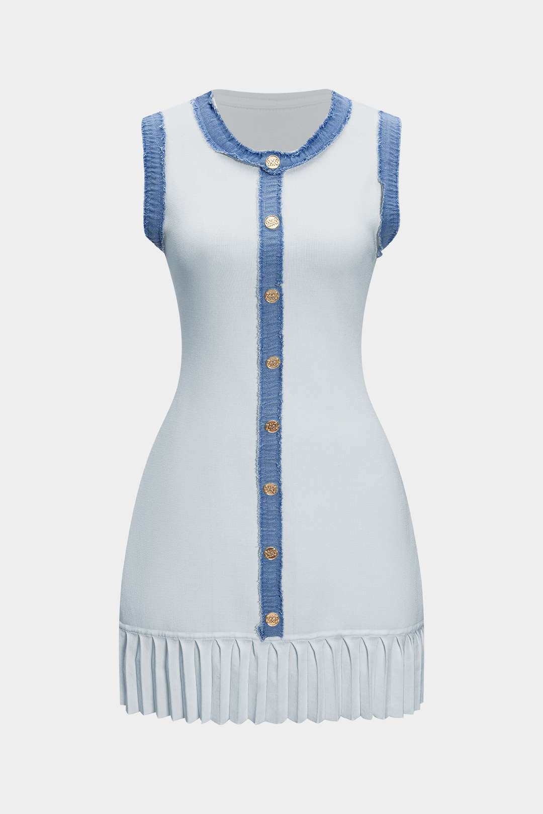 Knit Patchwork Denim Metallic Button Sleeveless Mini Dress