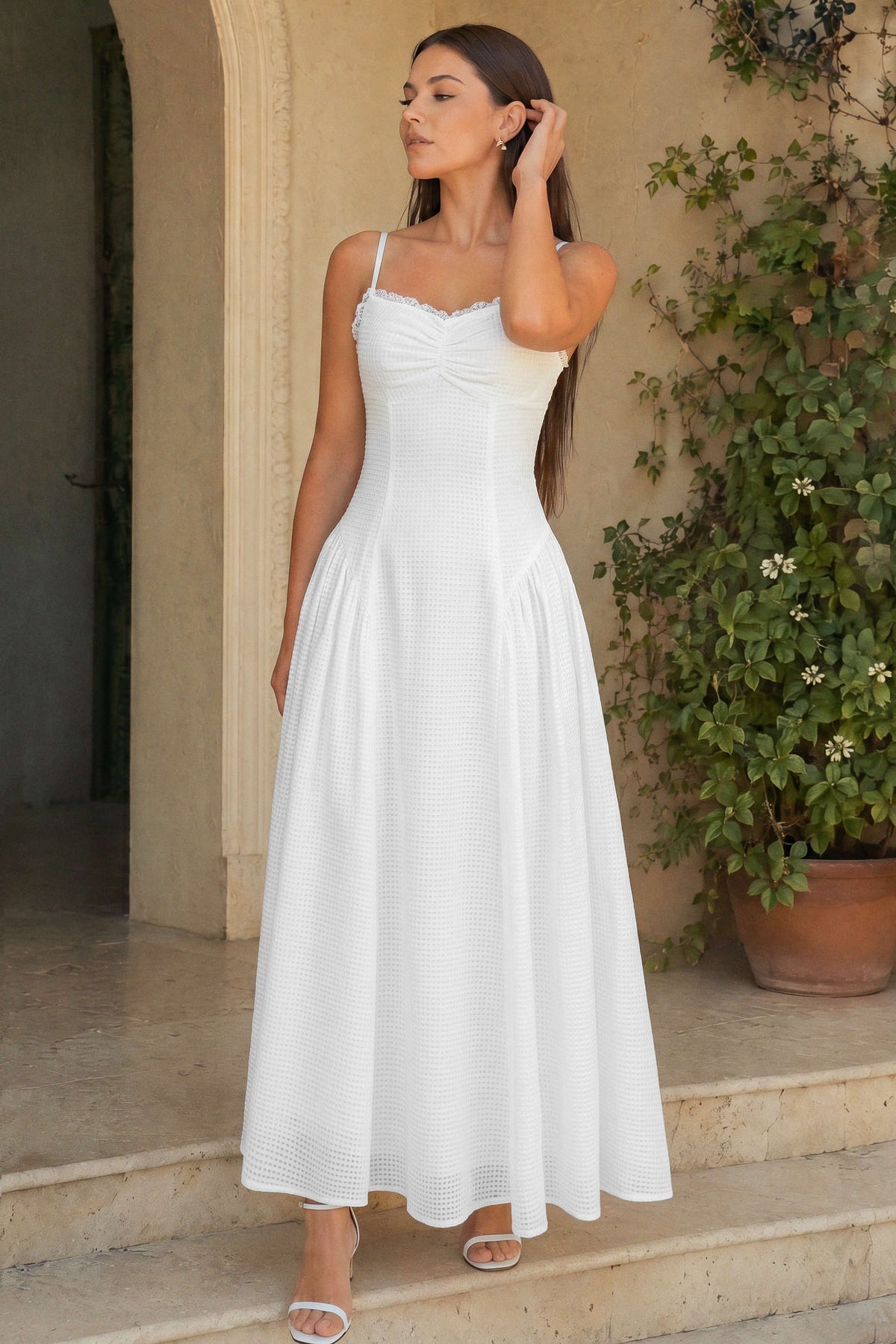 Lace Trim Ruched Slip Sleeveless Maxi Dress