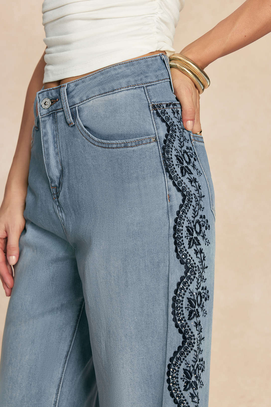 Denim Embroidery Straight Leg Jeans