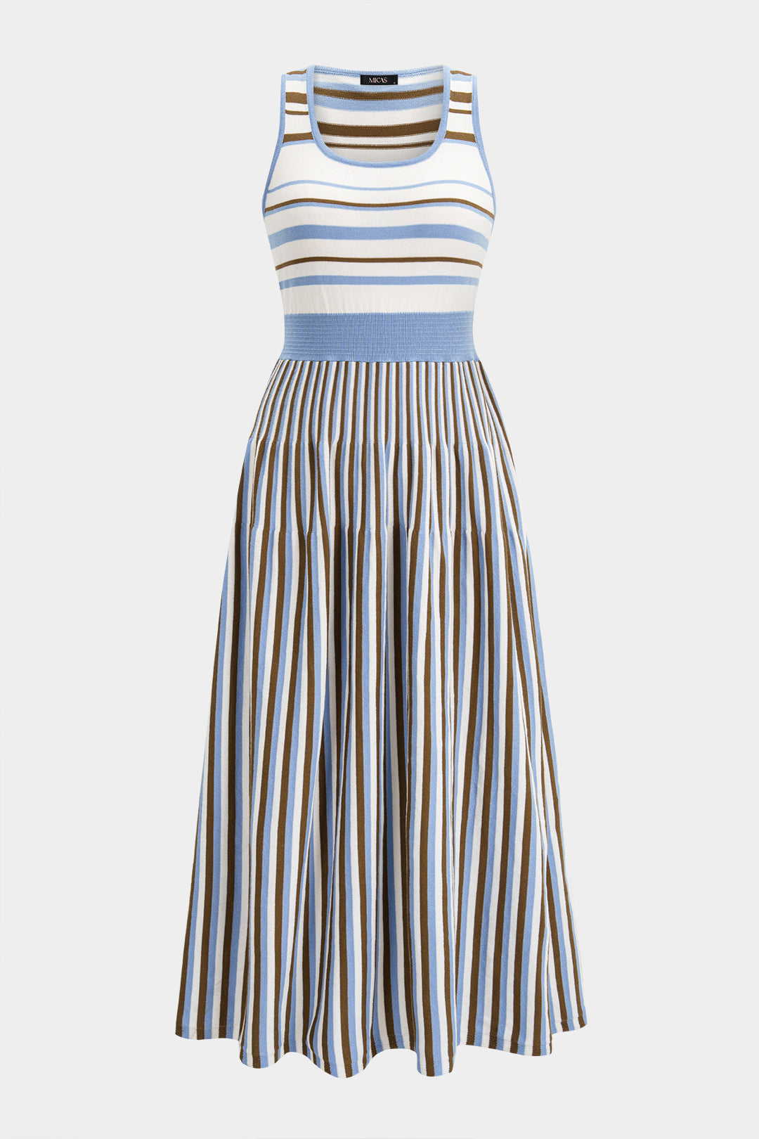 Knit Stripes Print Round Neck Sleeveless Midi Dress