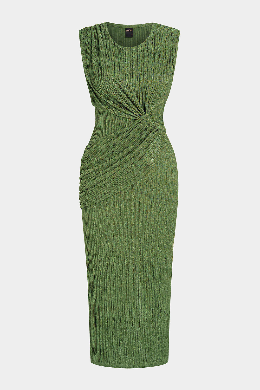 Round Neck Asymmetrical Ruched Sleeveless Midi Dress