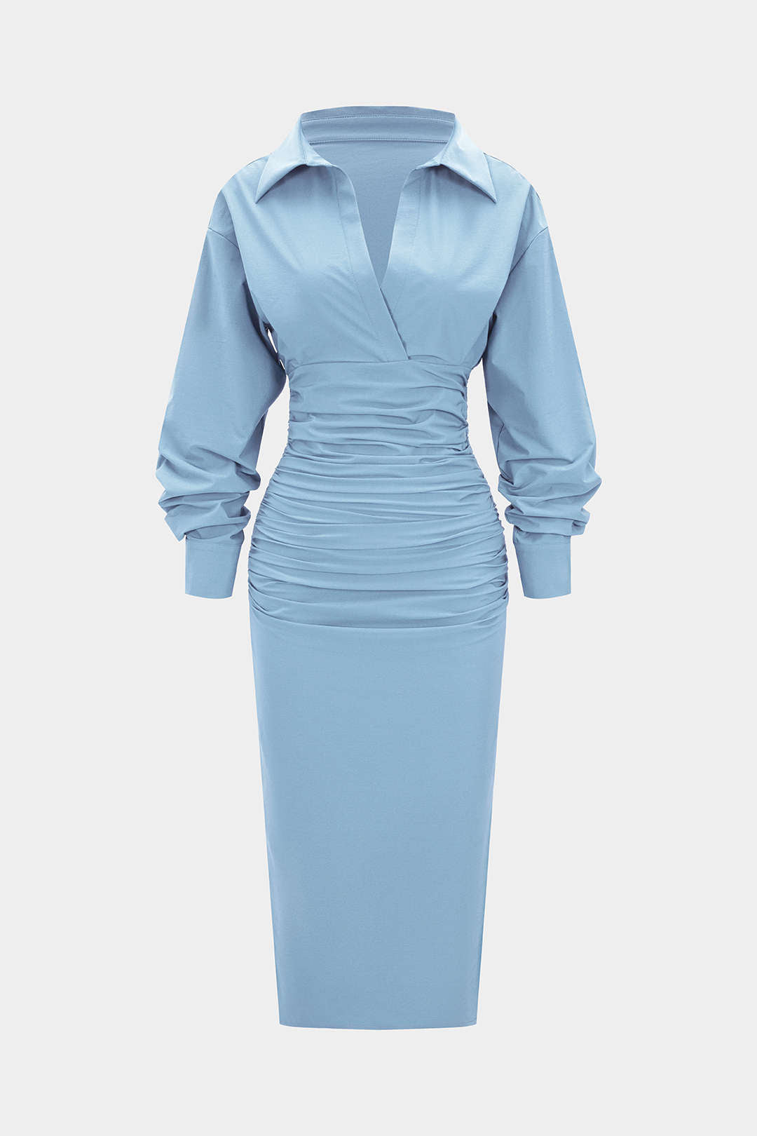 Solid Ruched Long Sleeve Midi Dress