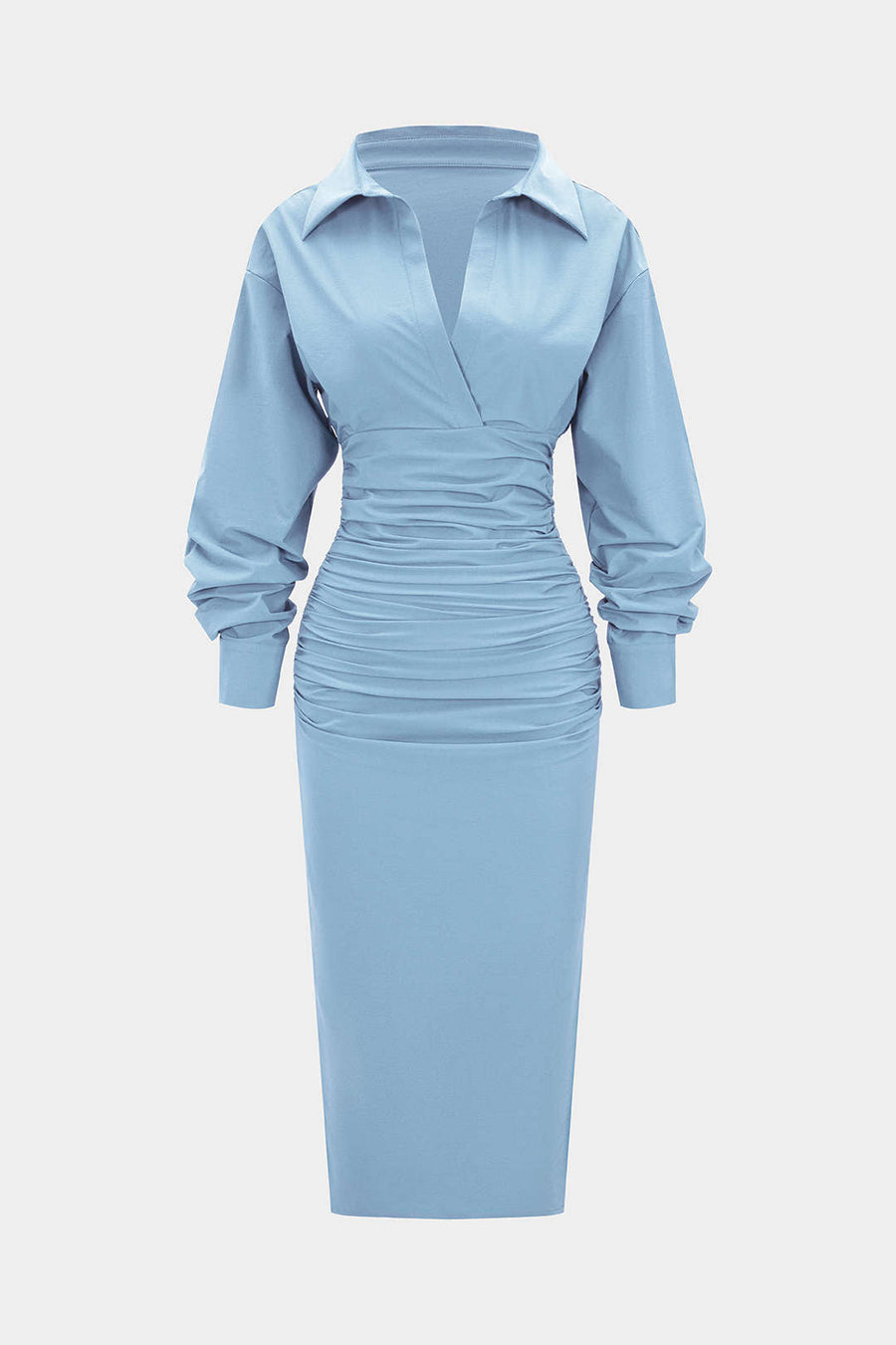 Solid Ruched Long Sleeve Midi Dress
