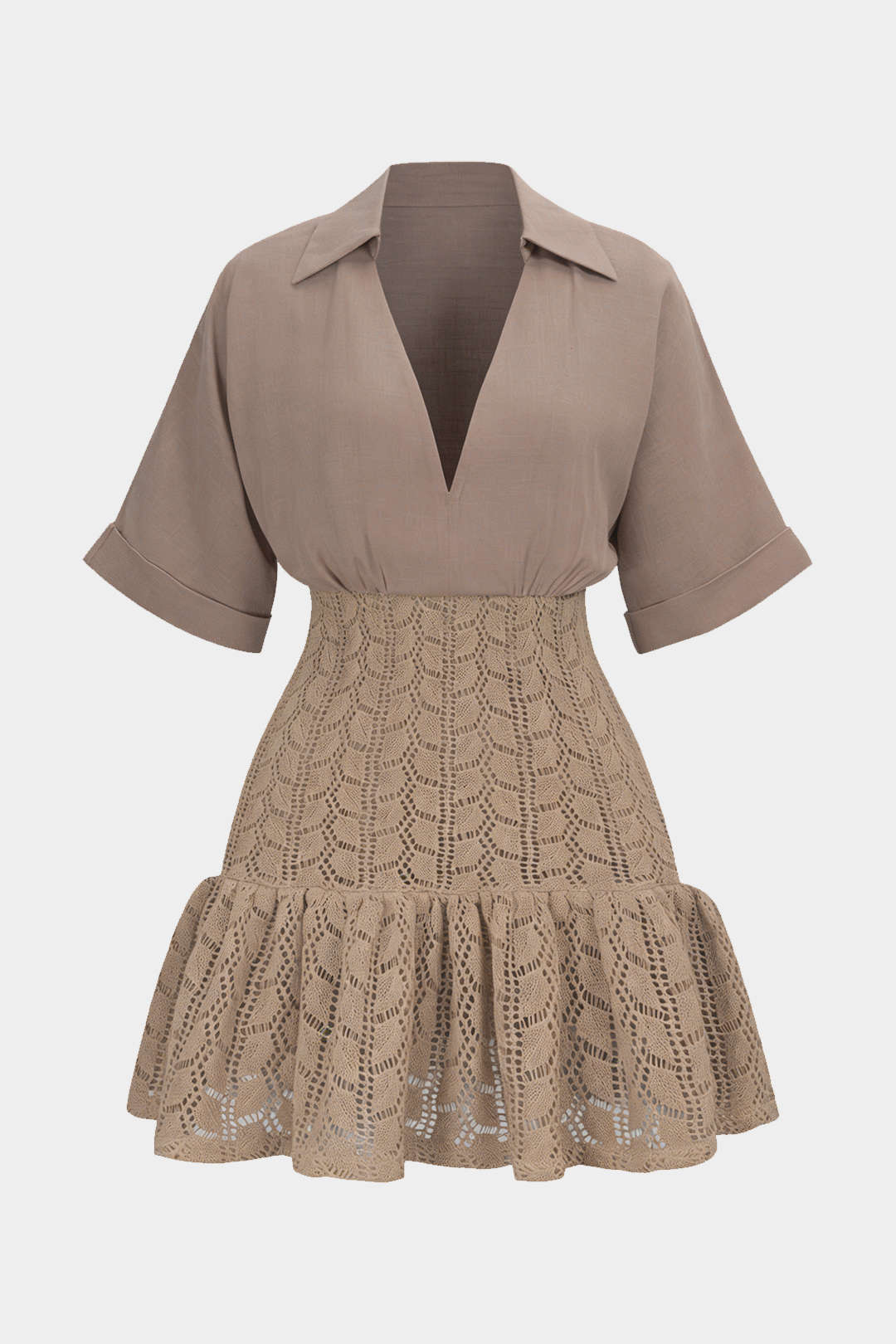 Jacquard Patchwork Linen Ruched V-Neck Short Sleeve Mini Dress