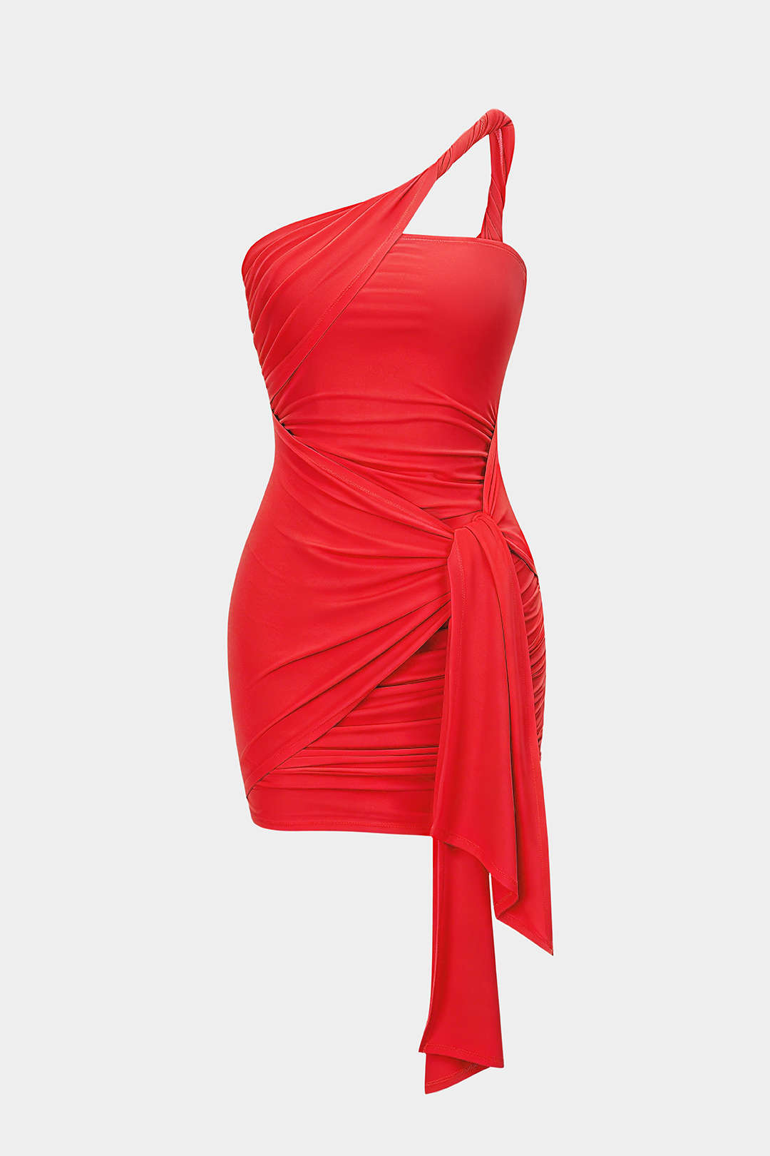 One Shoulder Twist Knot Asymmetrical Tie-Up Ruched Sleeveless Mini Dress