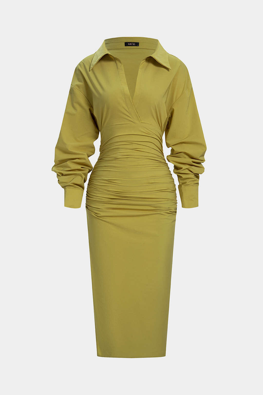 Solid Ruched Long Sleeve Midi Dress