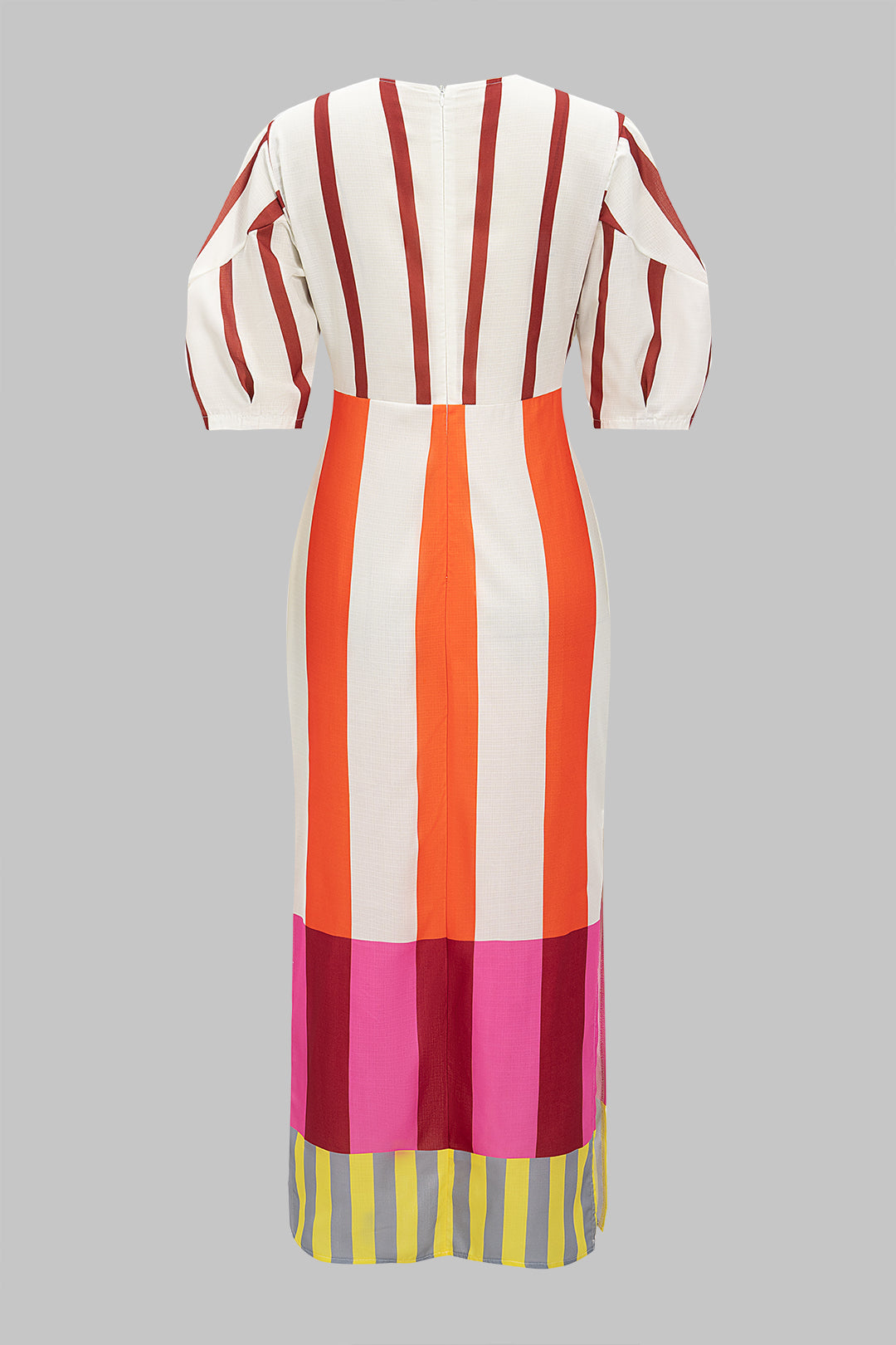 Stripes Print Linen Hollow Out Short Sleeve Midi Dress