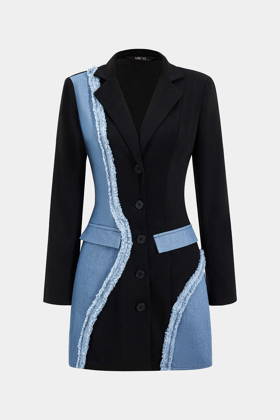 Denim-patchwork-pitkähihainen bleiseripuku-minimekko