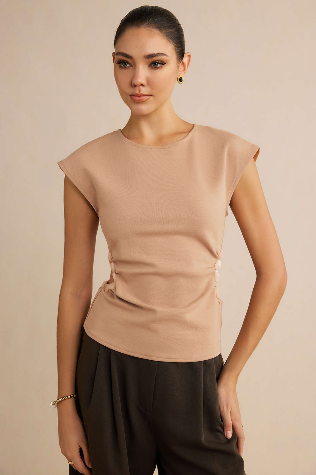 Round Neck Asymmetrical Beaded Cut Out T-Shirt