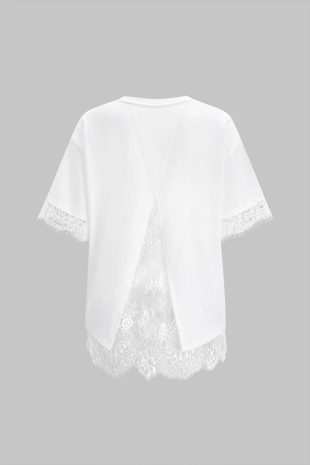Solid Lace Patchwork Round Neck Short Sleeve T-Shirt