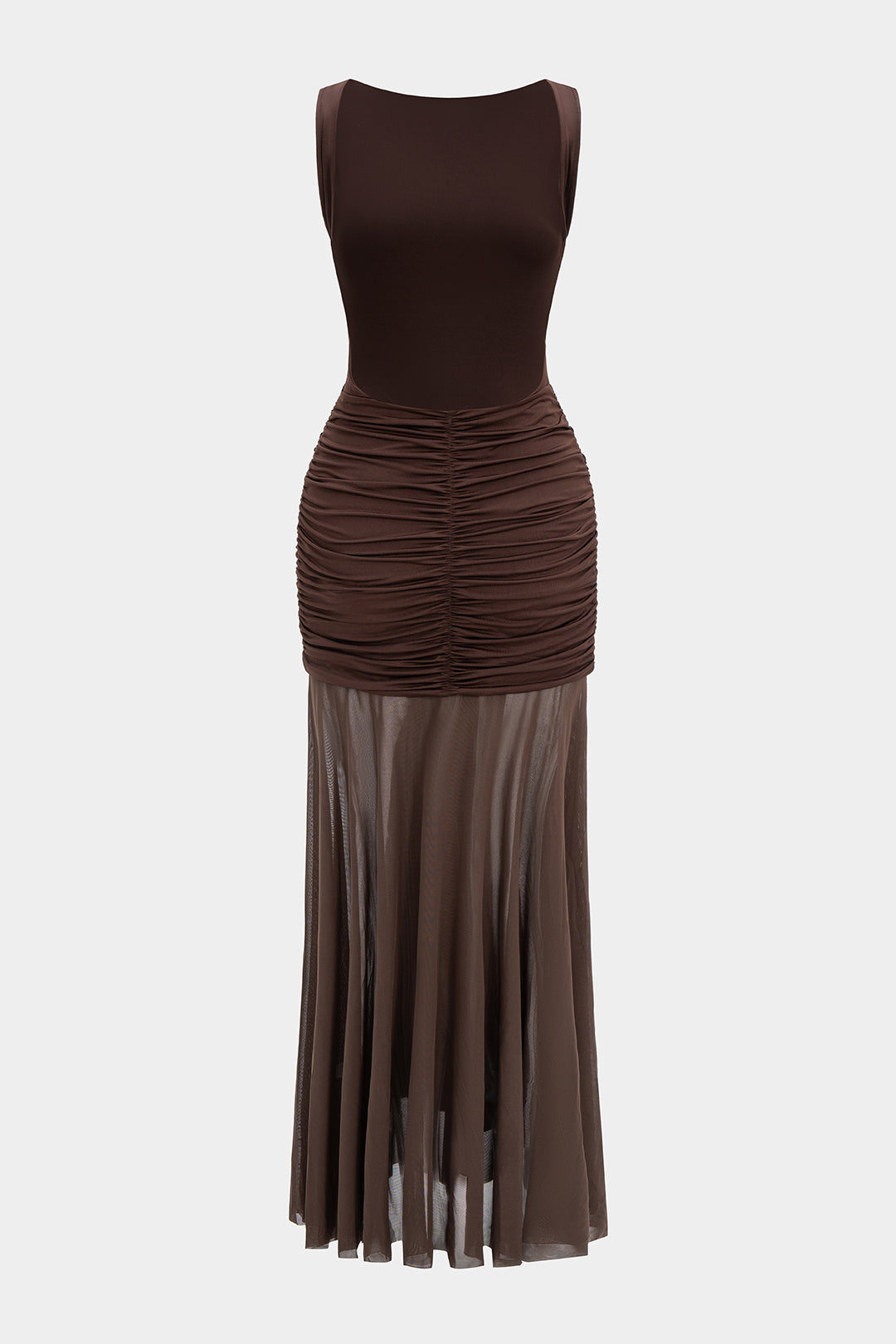 Mesh Metallic Decor Ruched Backless Sleeveless Maxi Dress