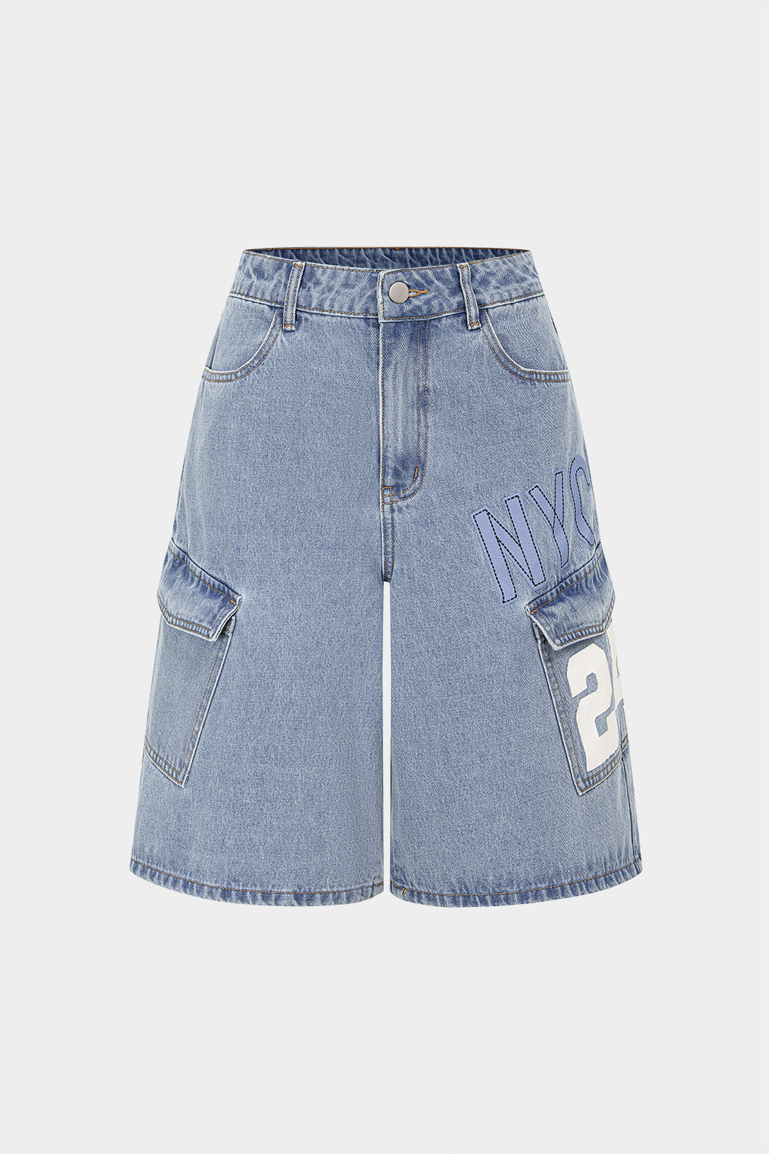 Denim-shortsit, joissa on digitaalinen kirjainkuvio ja korkea vyötärö