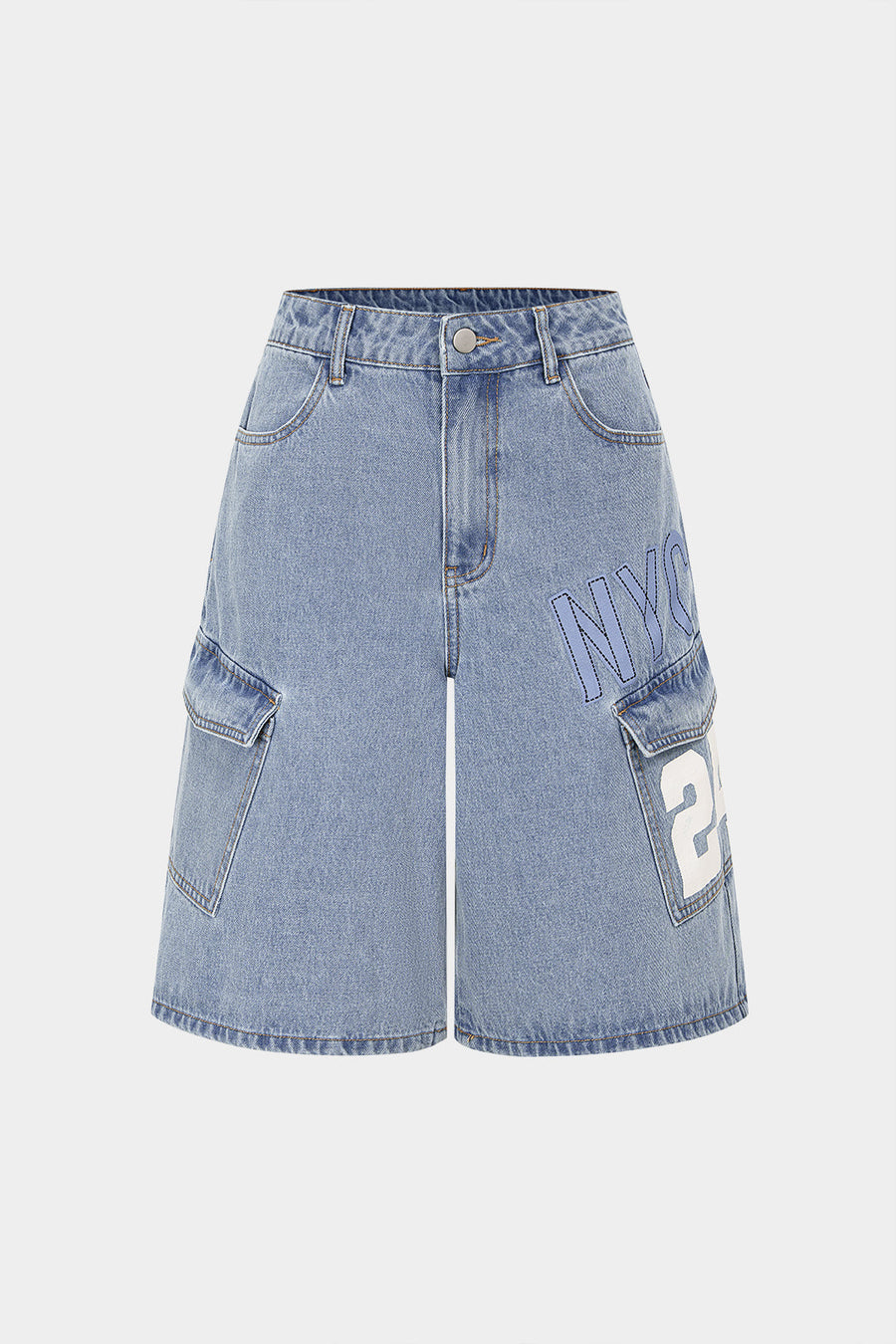 Denim-shortsit, joissa on digitaalinen kirjainkuvio ja korkea vyötärö