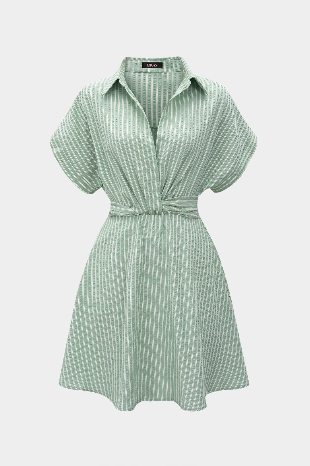 Stripes Print Lapel Twist Knot Short Sleeve Mini Dress