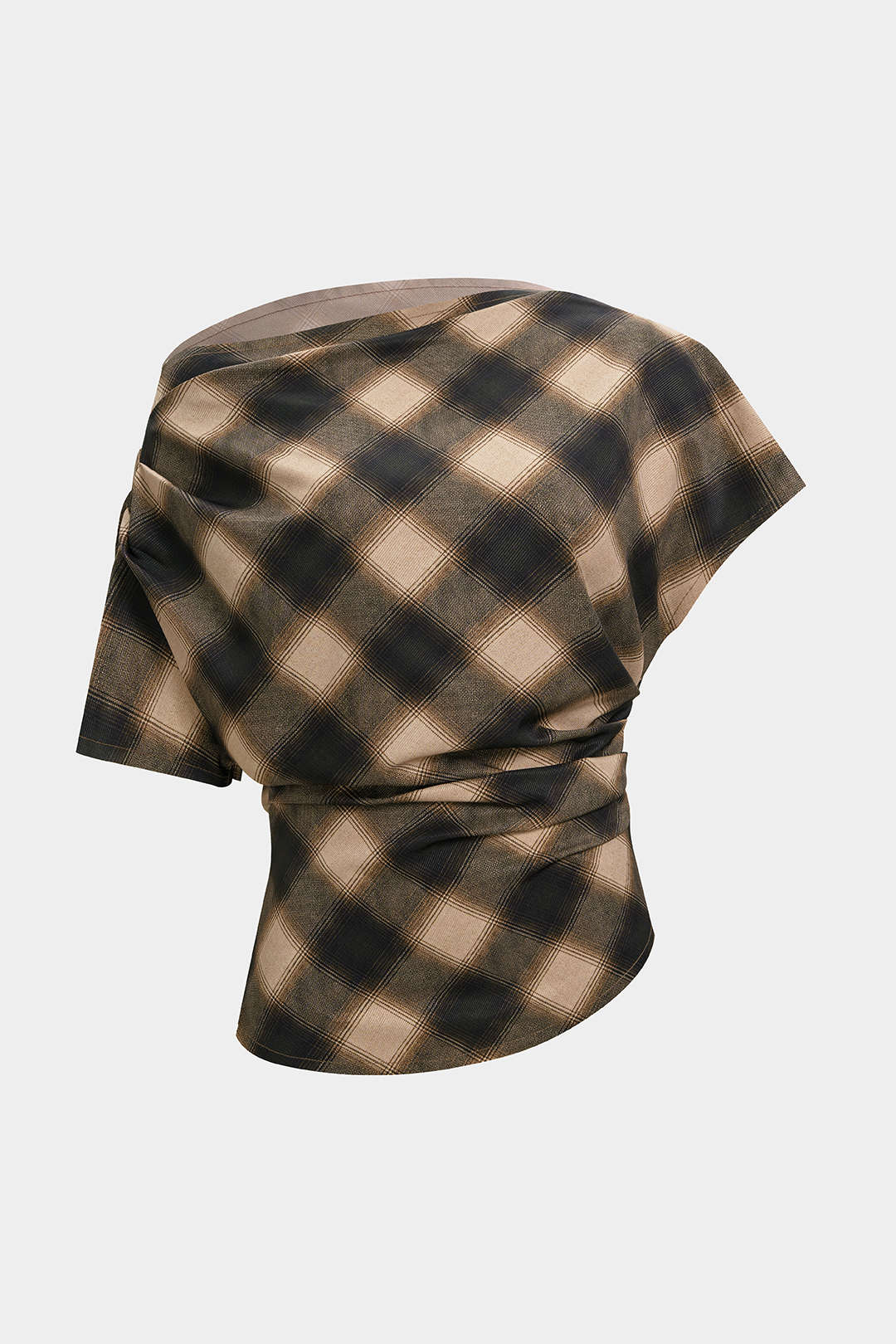 Plaid Print Frayed Edges Asymmetrical T-Shirt