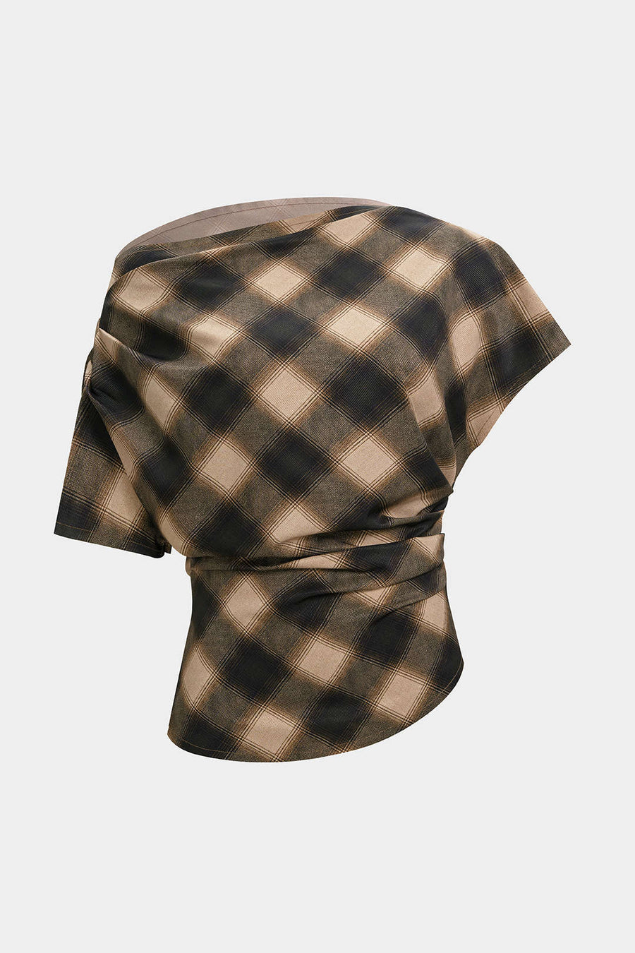 Plaid Print Frayed Edges Asymmetrical T-Shirt