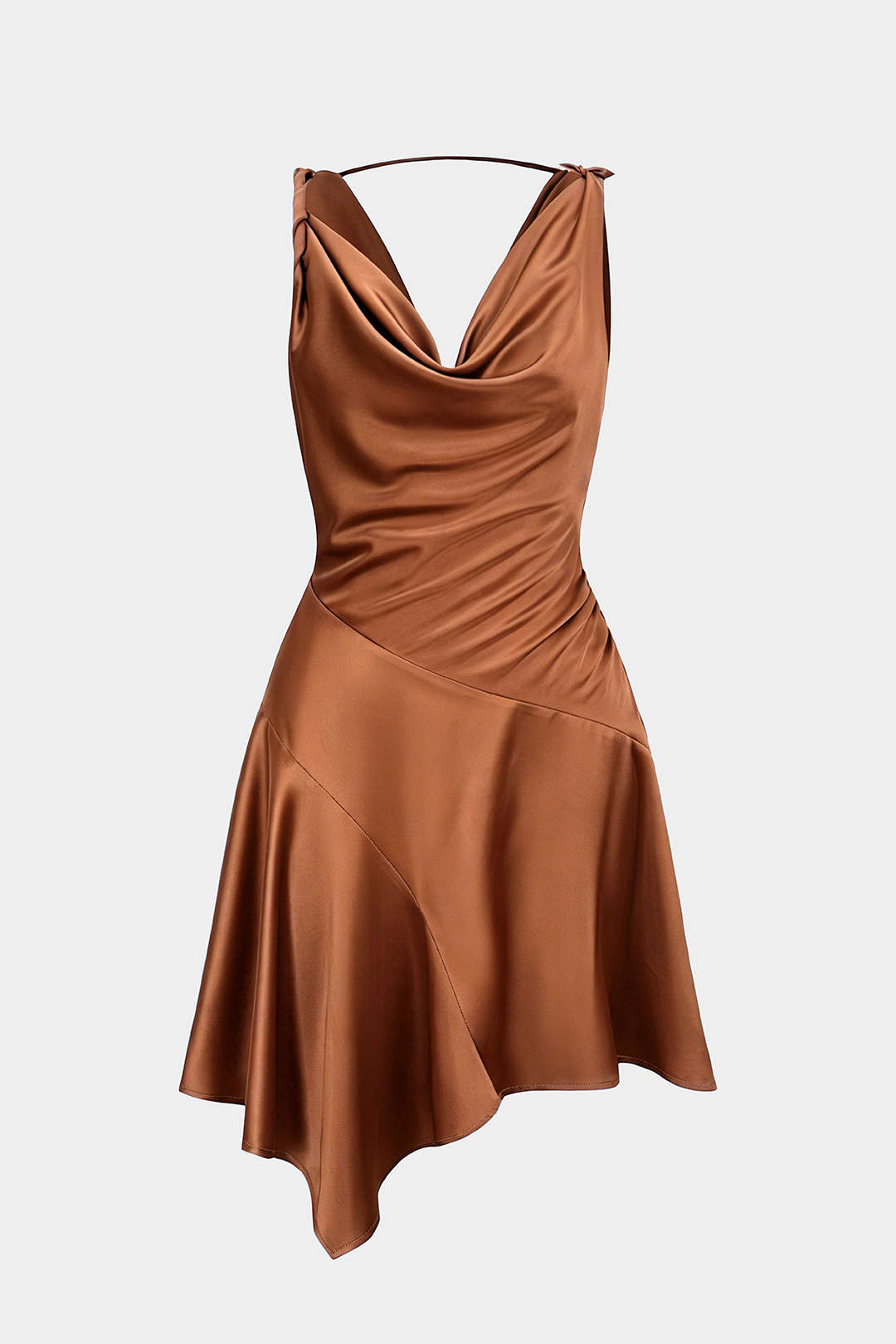 Satin Draped Cowl Neck Asymmetrical Ruched Sleeveless Mini Dress