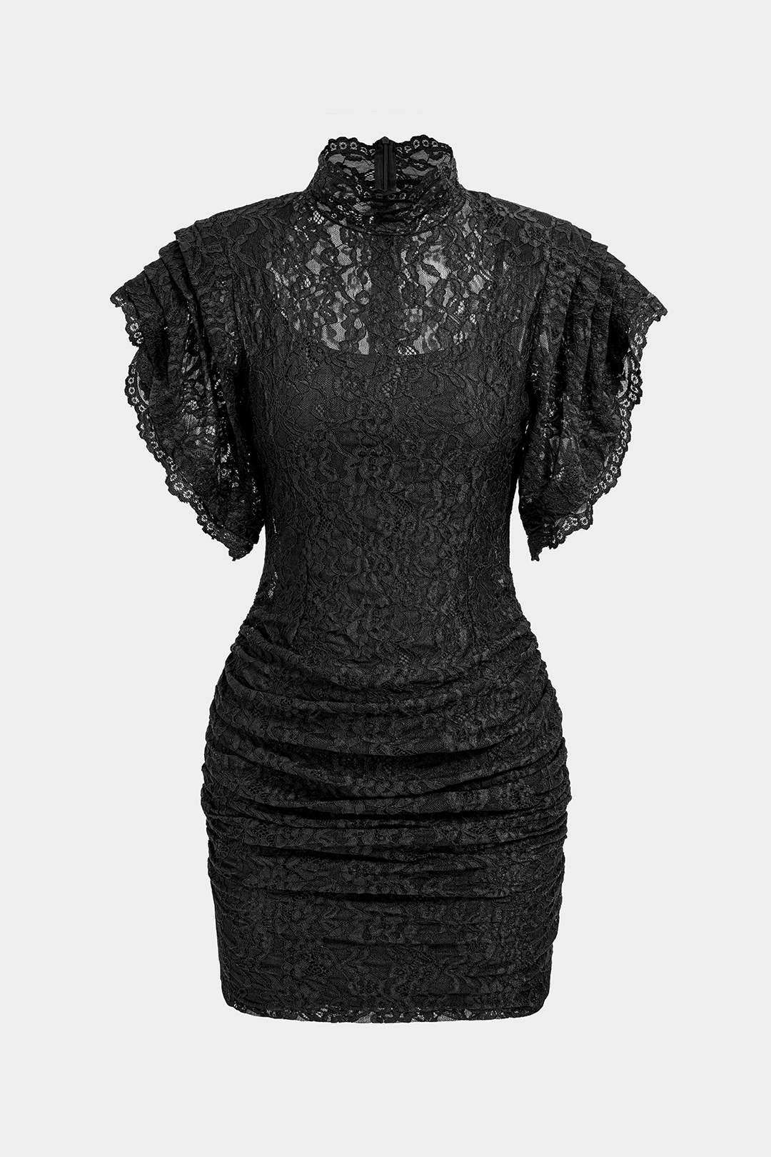 Sheer Lace Mock Neck Ruched Short Sleeve Mini Dress