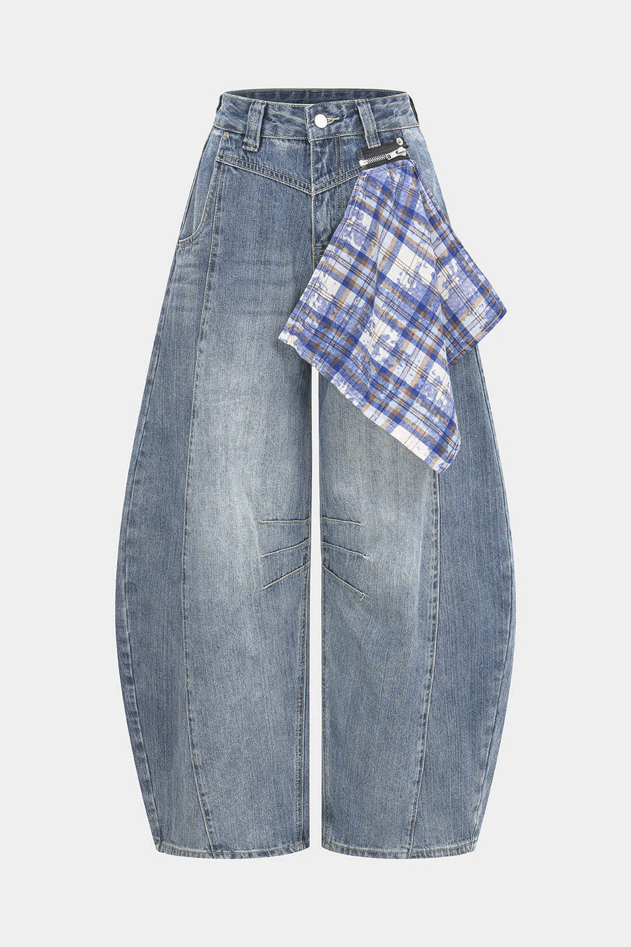 Denim Patchwork Plaid Barrel Jeans