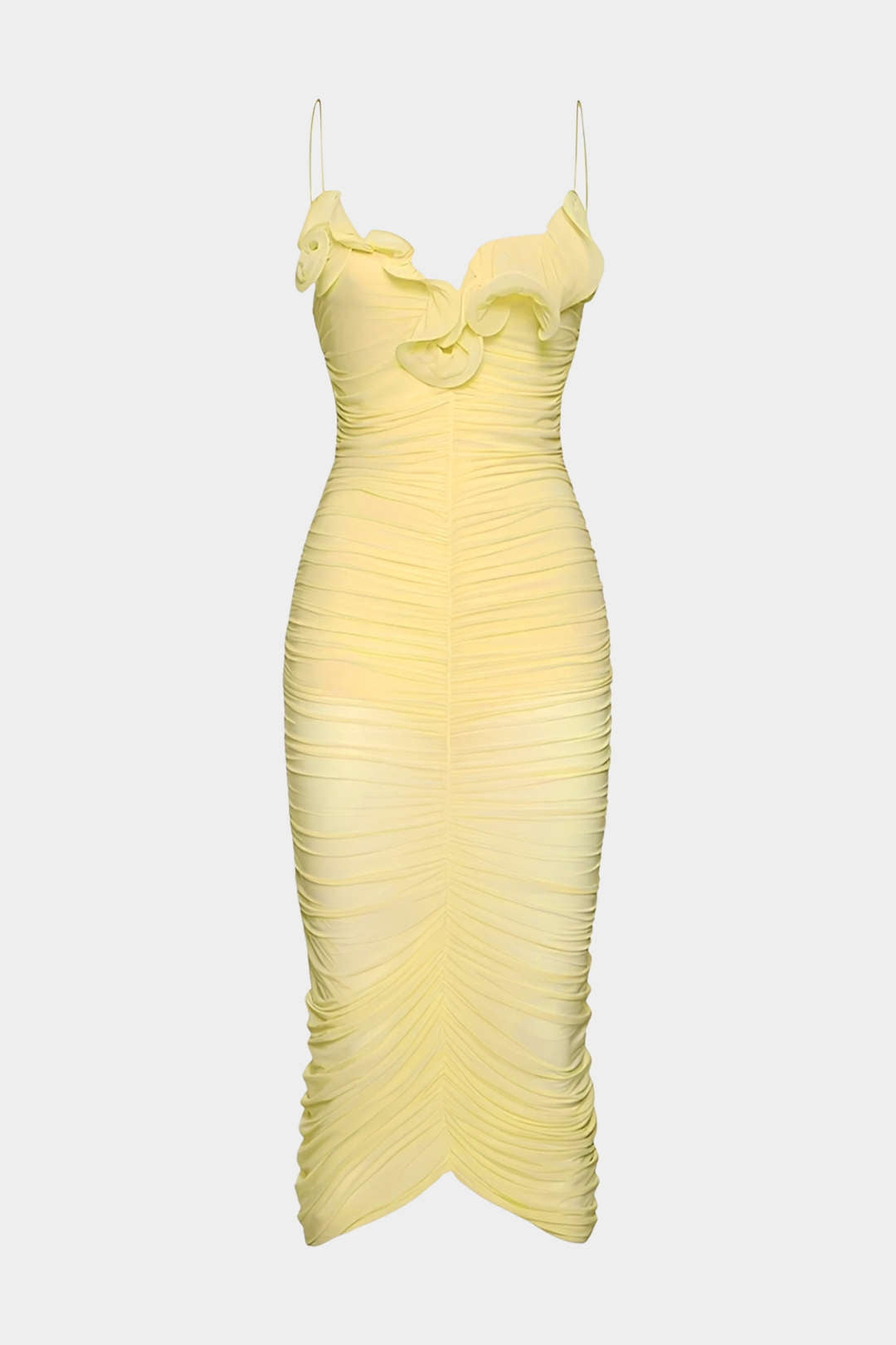 Scallop Edge Mesh Ruched Sleeveless Midi Dress