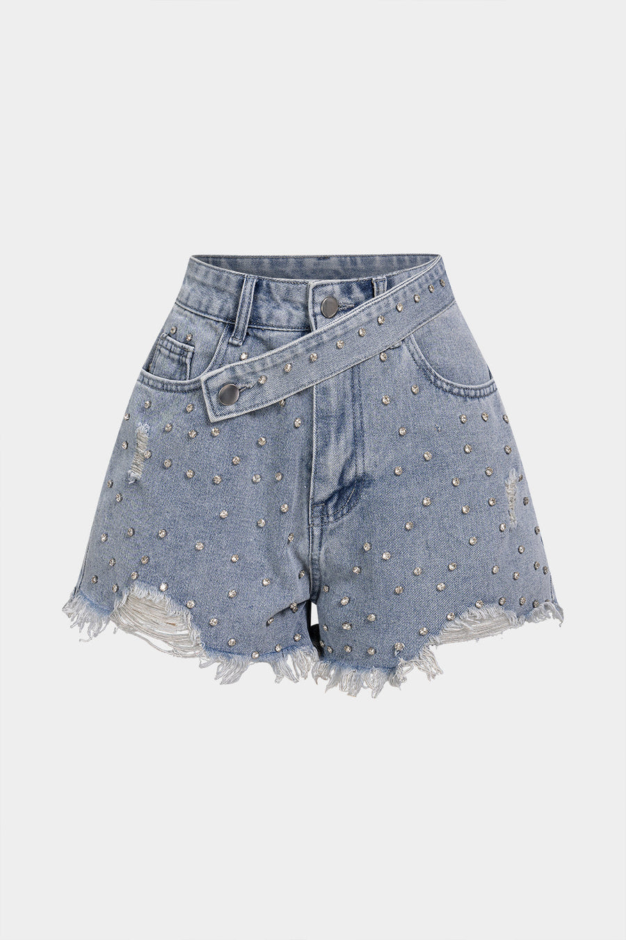 Denim Ripped Rhinestone Asymmetrical Shorts