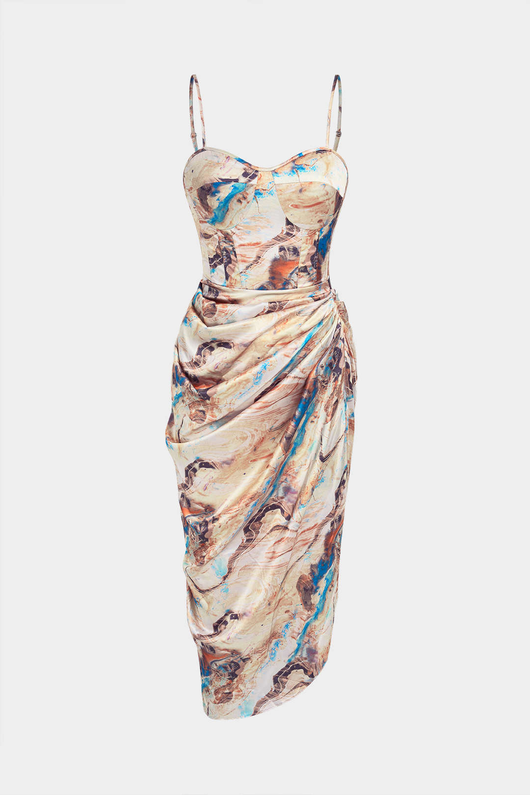 Marble Print Satin Corset Ruched Sleeveless Midi Dress