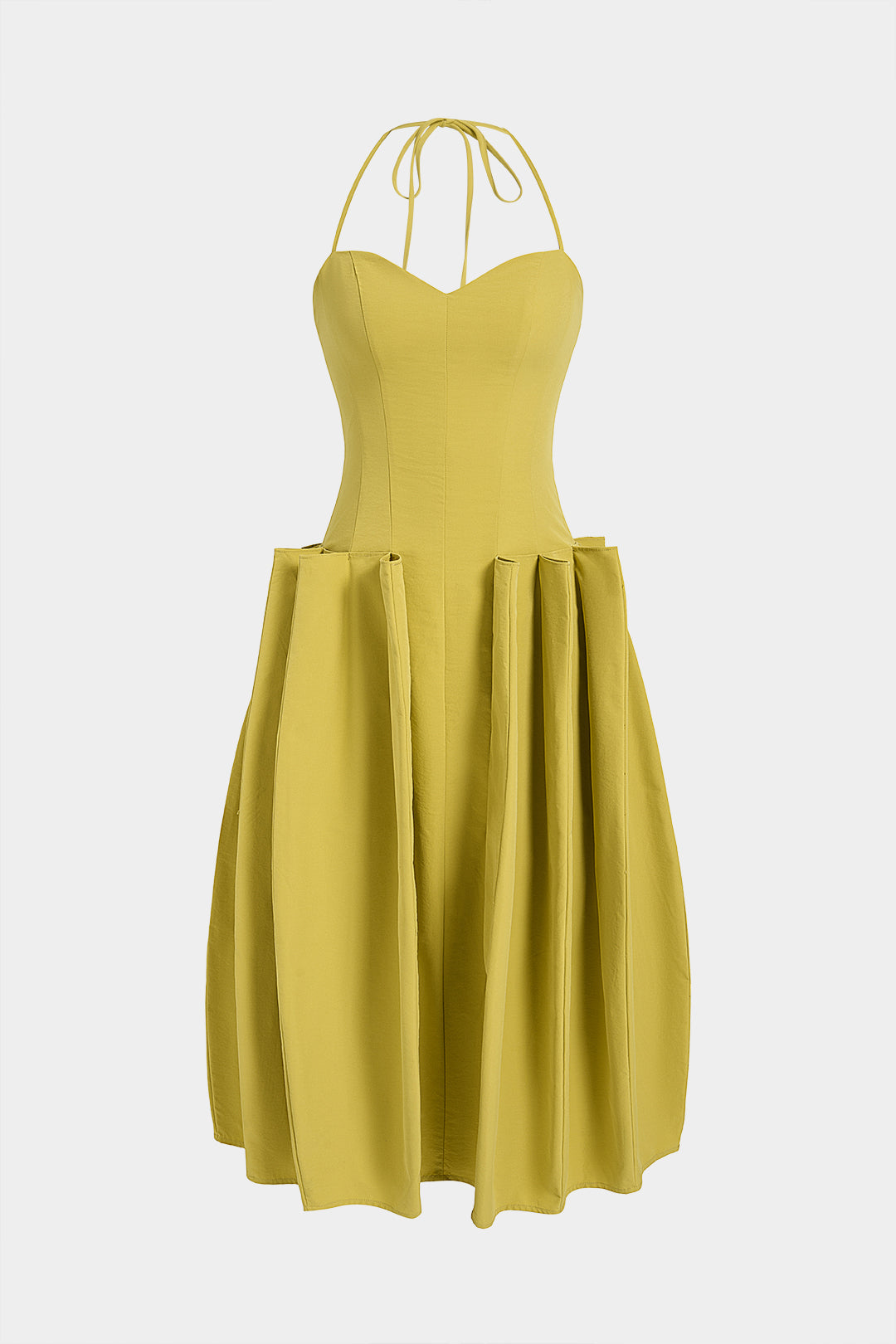 Halter Neck Tie Back Ruched Sleeveless Midi Dress