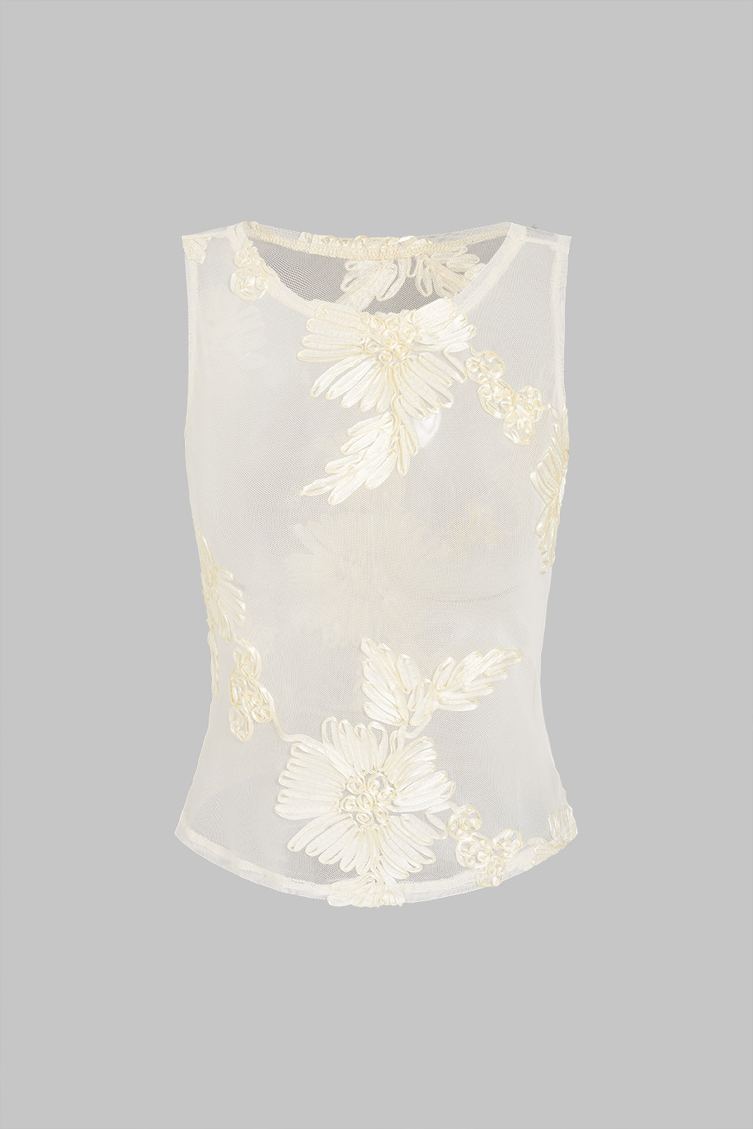 Mesh Sheer Embroidery Sleeveless T-Shirt
