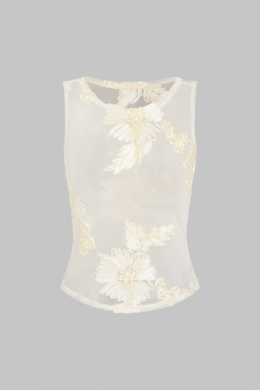 Mesh Sheer Embroidery Sleeveless T-Shirt