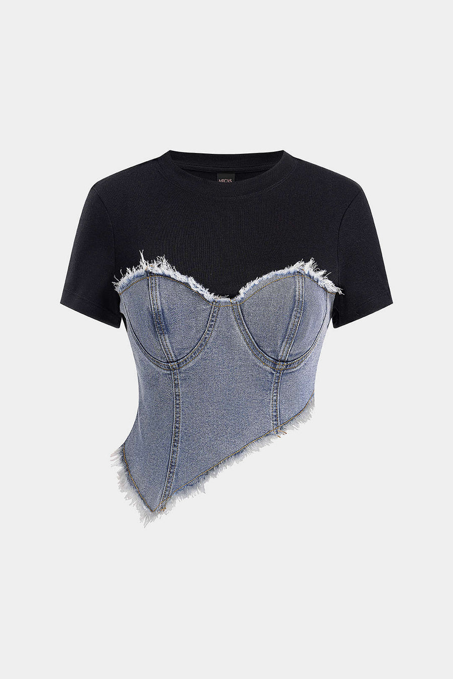 Denim-patchwork-paita, pyöreä kaulus, epäsymmetrinen helma, lyhythihainen