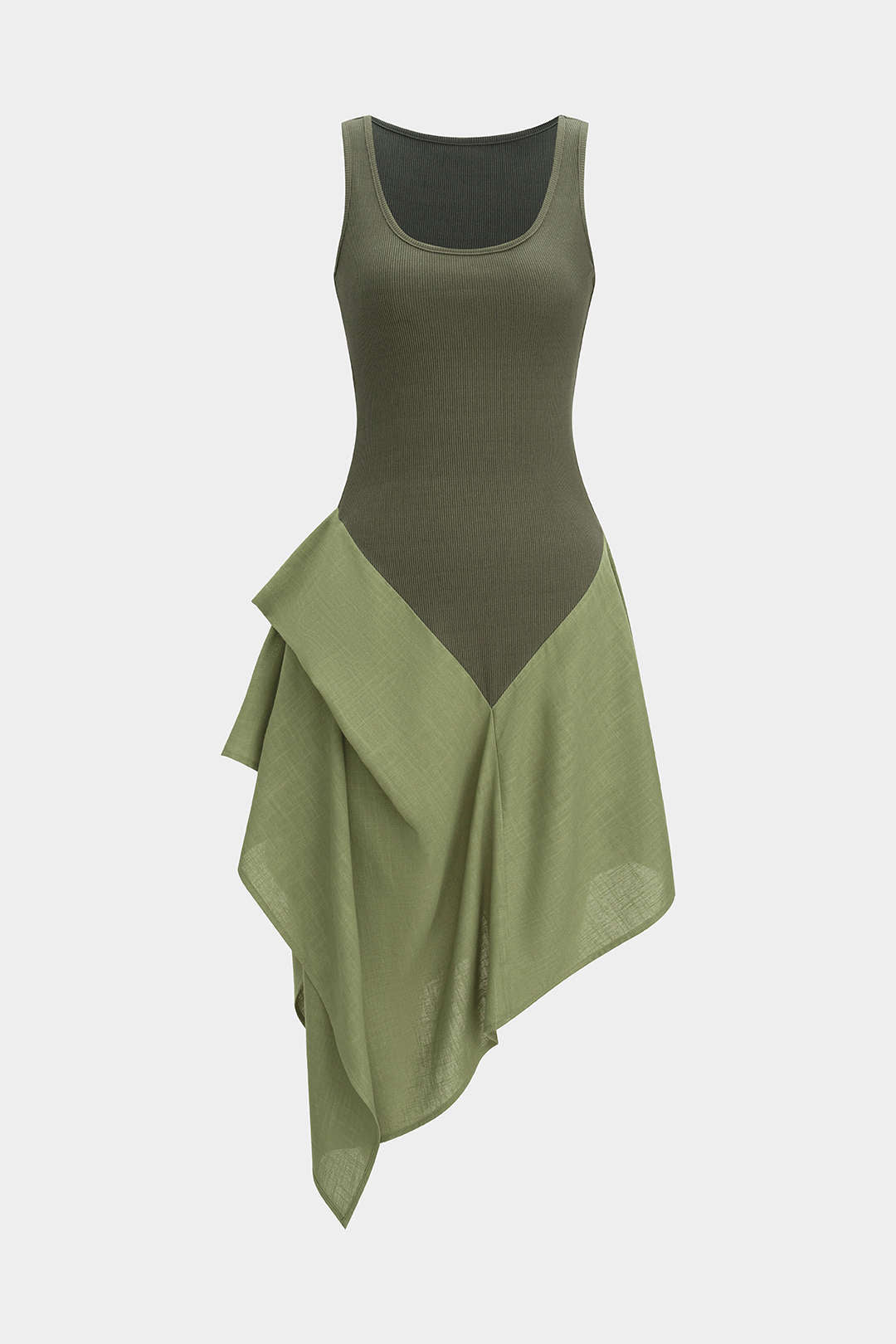 Linen Patchwork Ruched Asymmetrical Sleeveless Maxi Dress