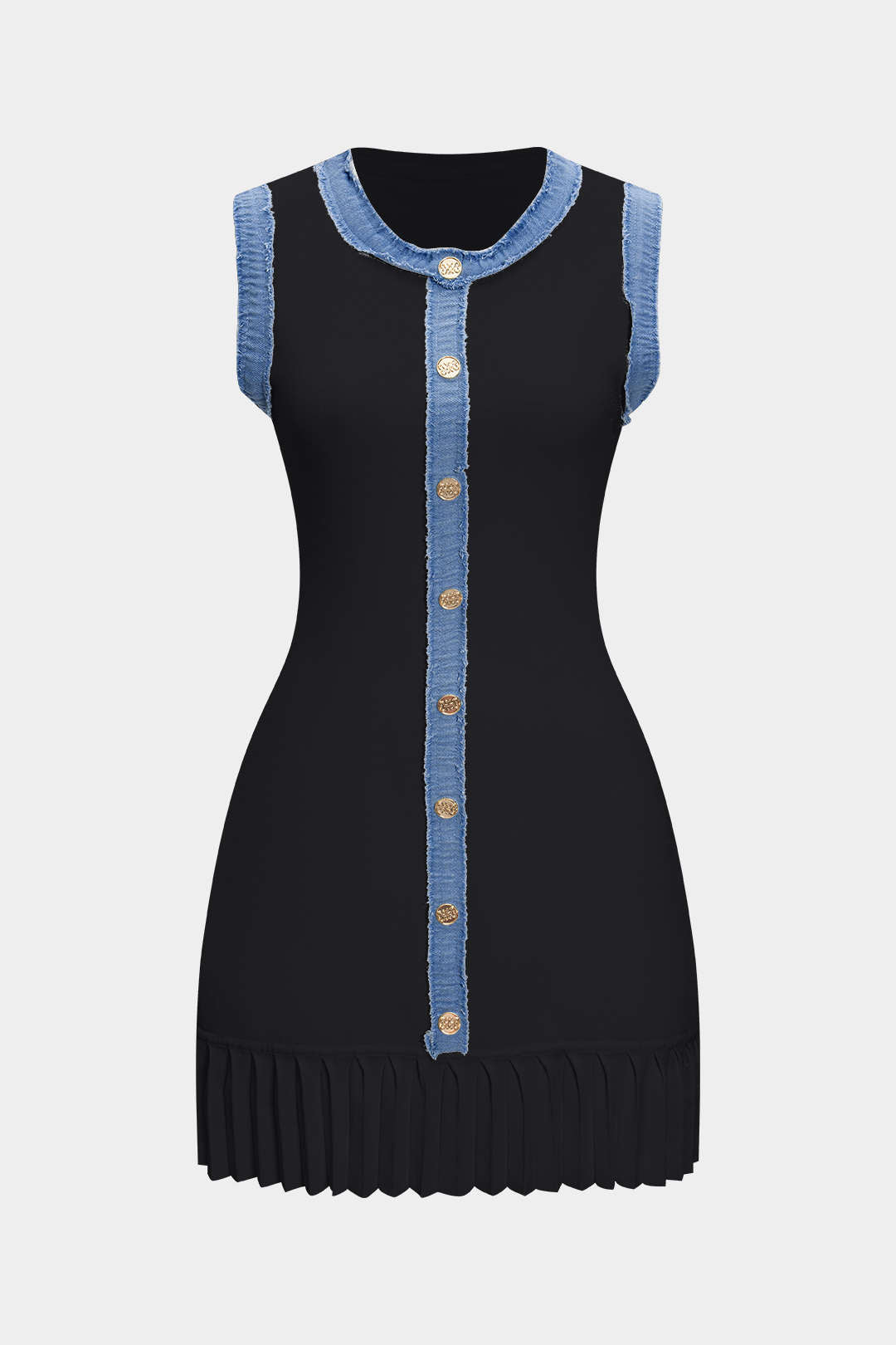 Knit Patchwork Denim Metallic Button Sleeveless Mini Dress