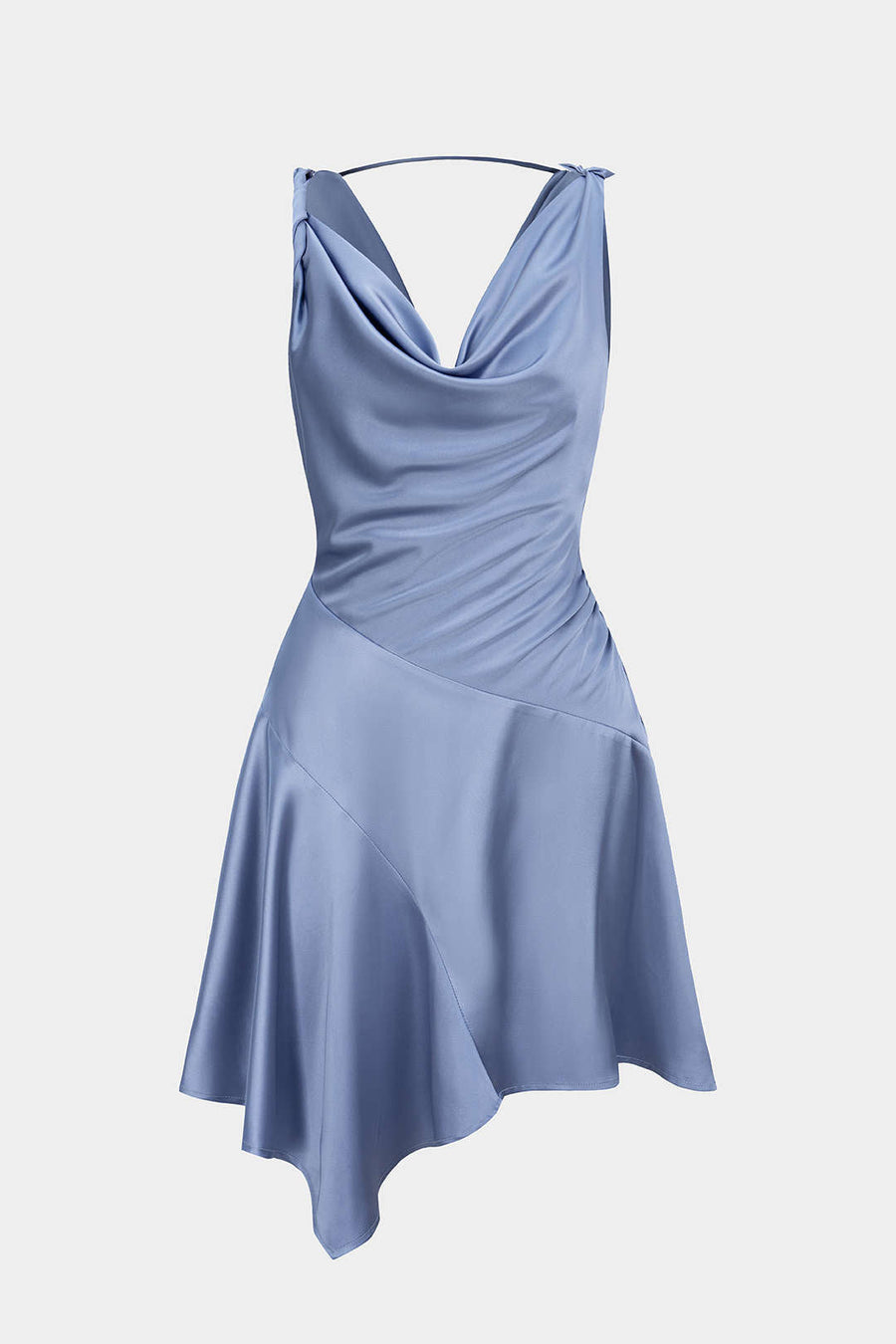 Satin Draped Cowl Neck Asymmetrical Ruched Sleeveless Mini Dress