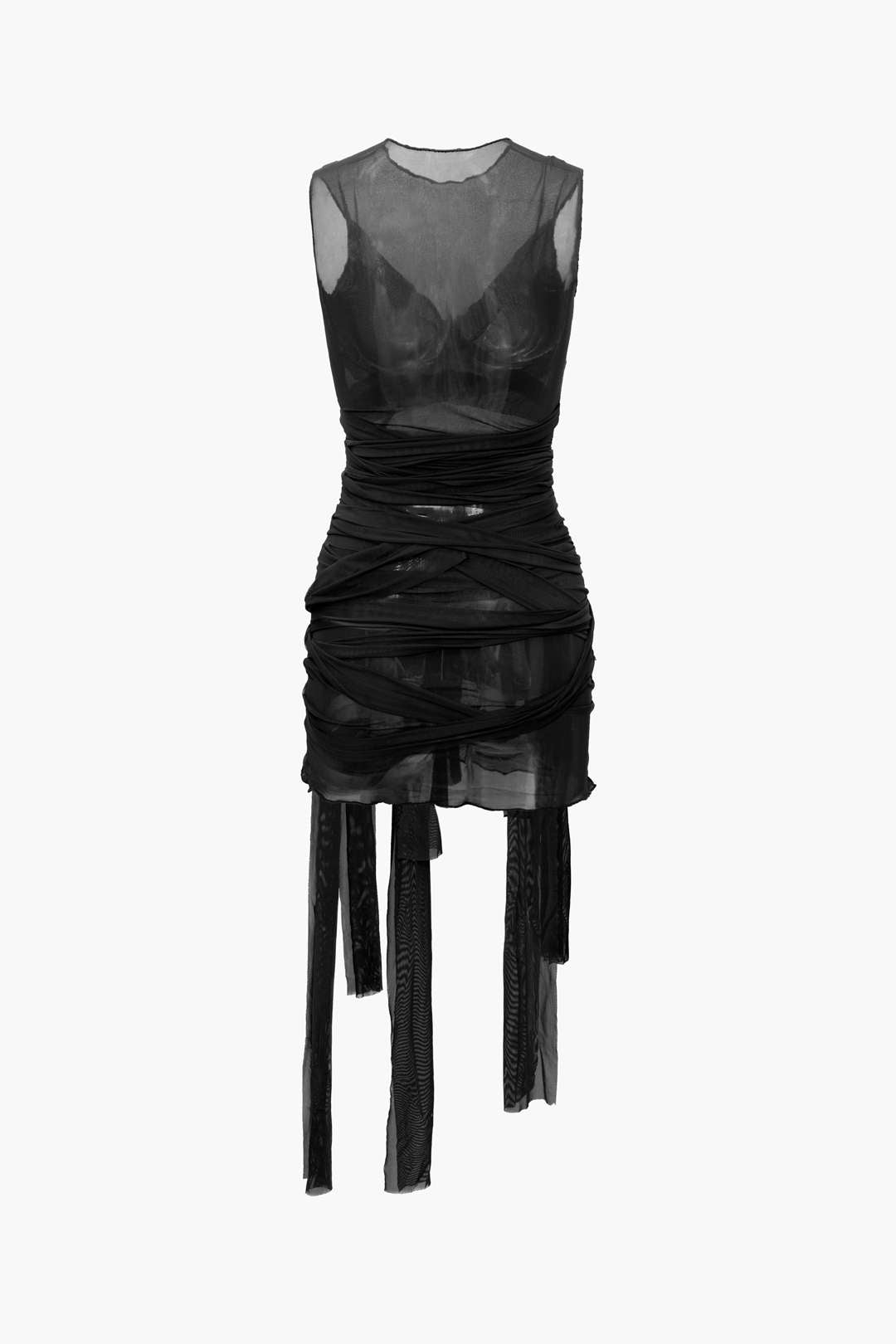 Sheer Mesh Wrap Tie Ribbon Midi Dress