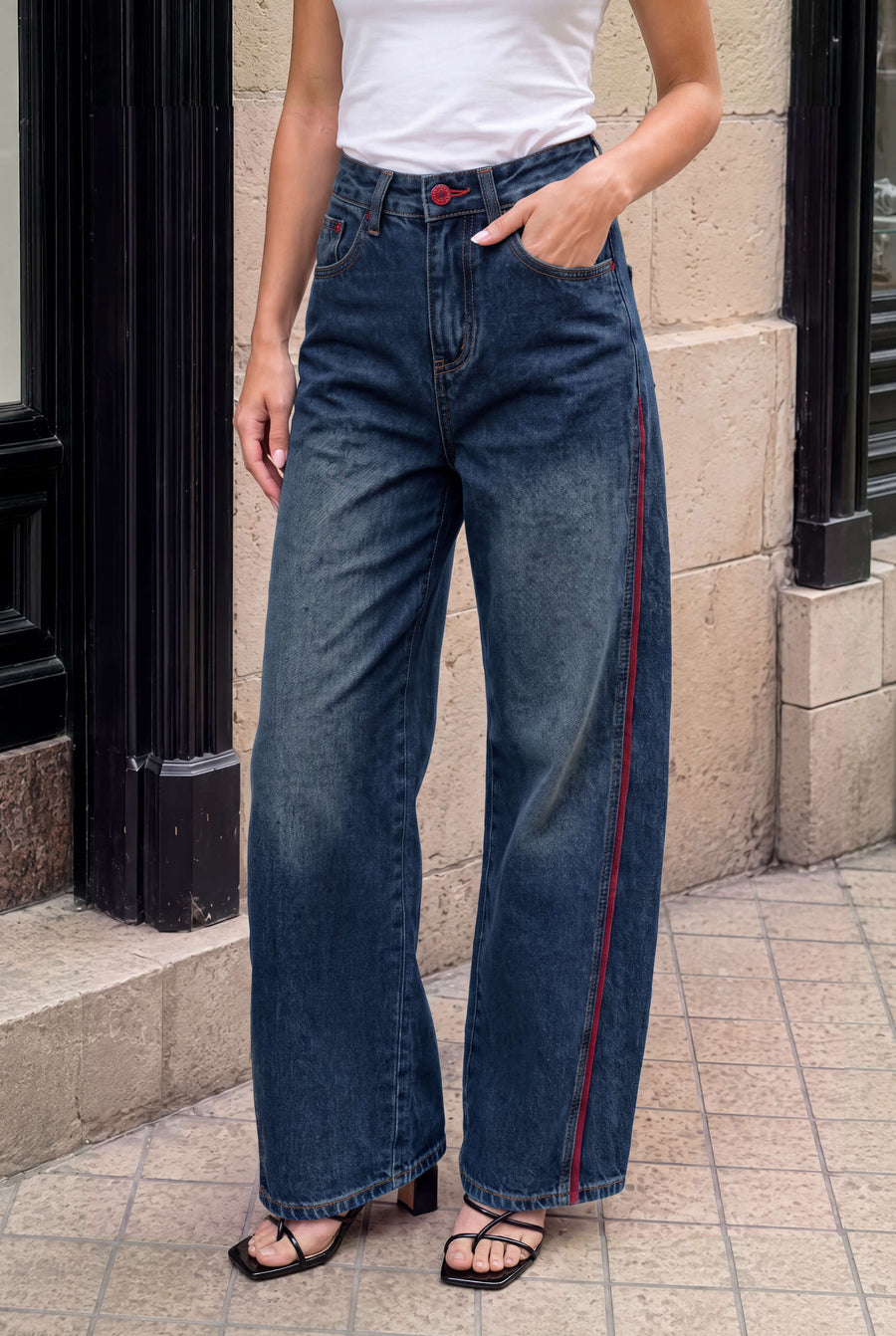 Denim Contrast Trim High Waist Jeans