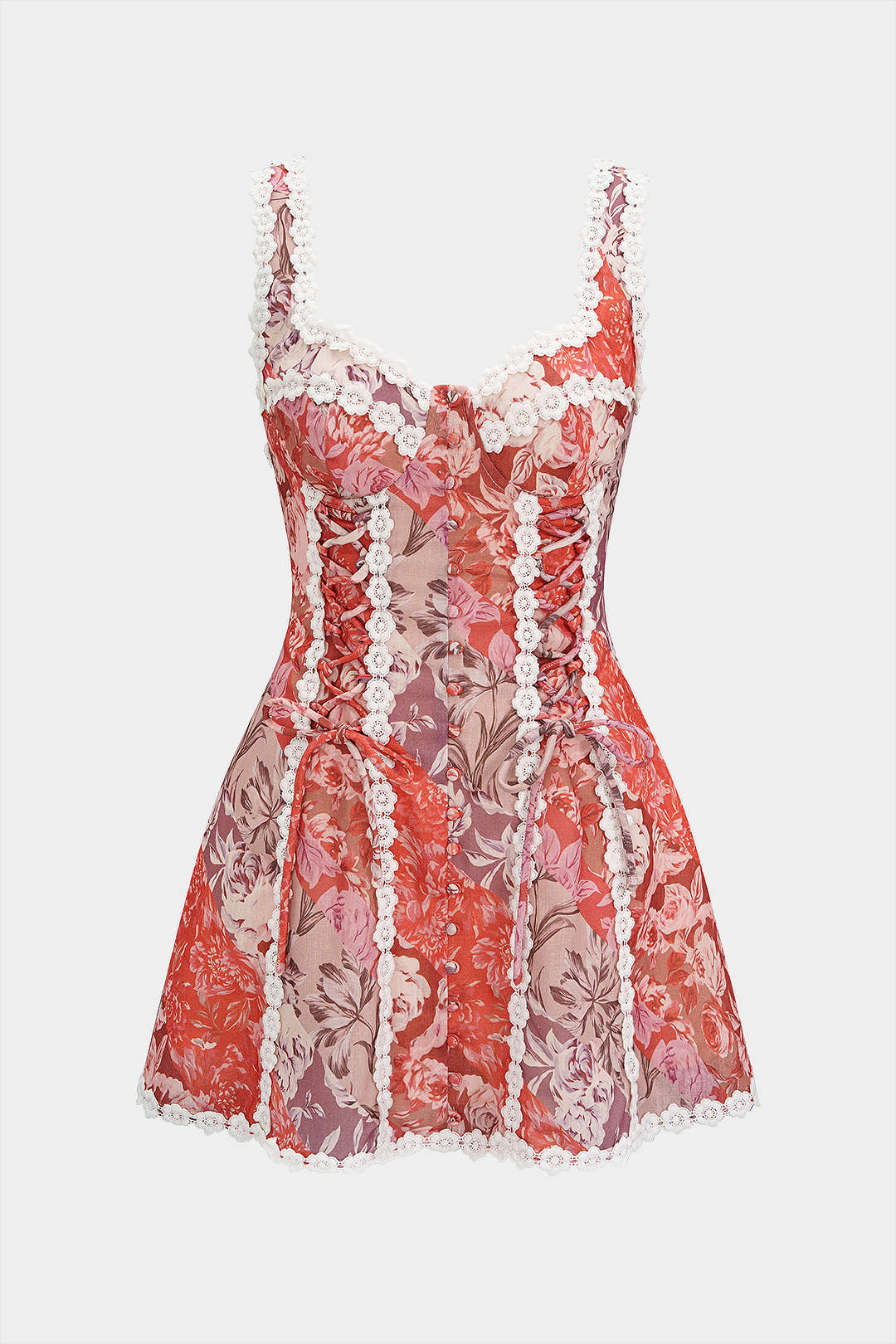 Floral Print Linen Tie Front Contrast Whipstitching Sleeveless Mini Dress