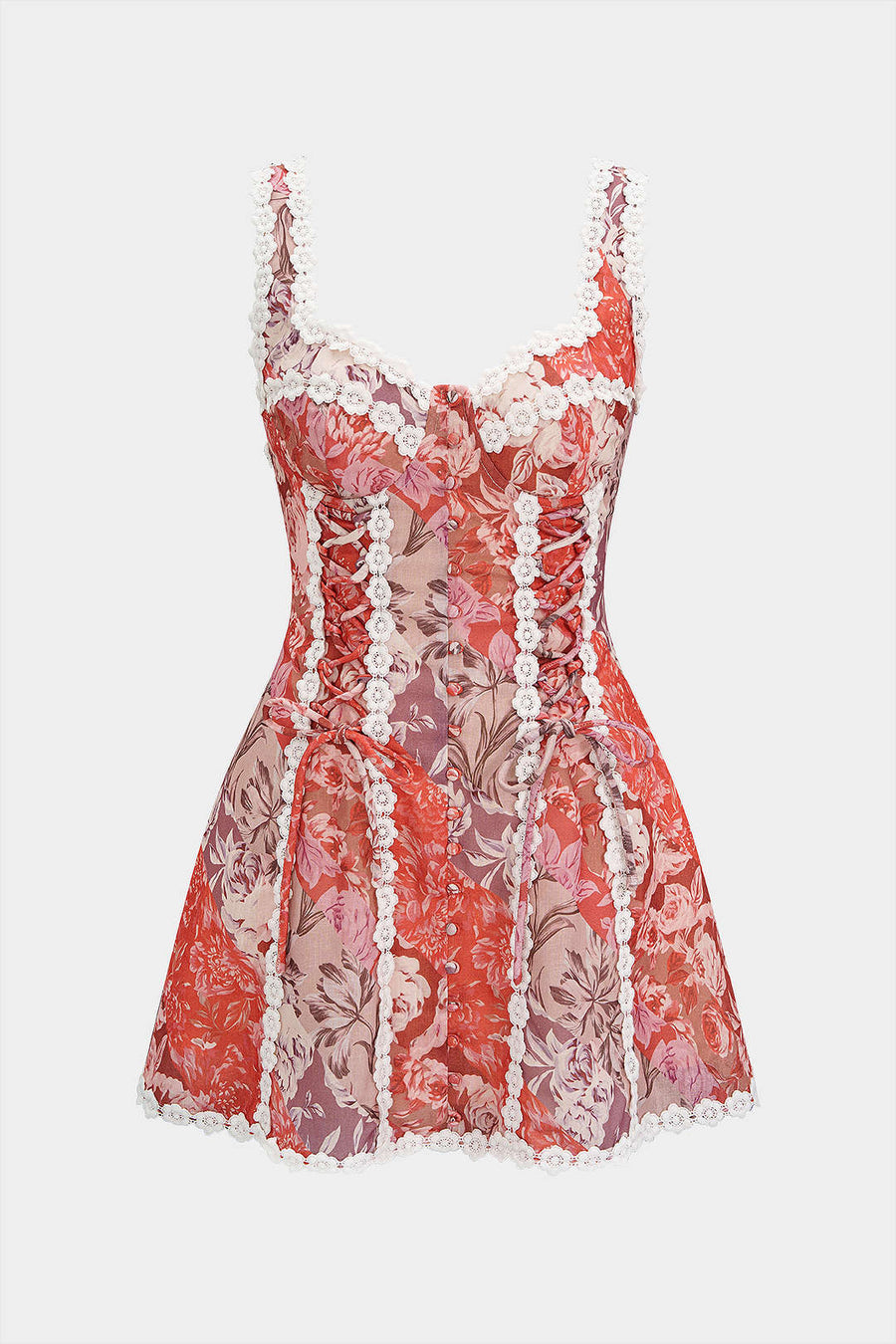 Floral Print Linen Tie Front Contrast Whipstitching Sleeveless Mini Dress