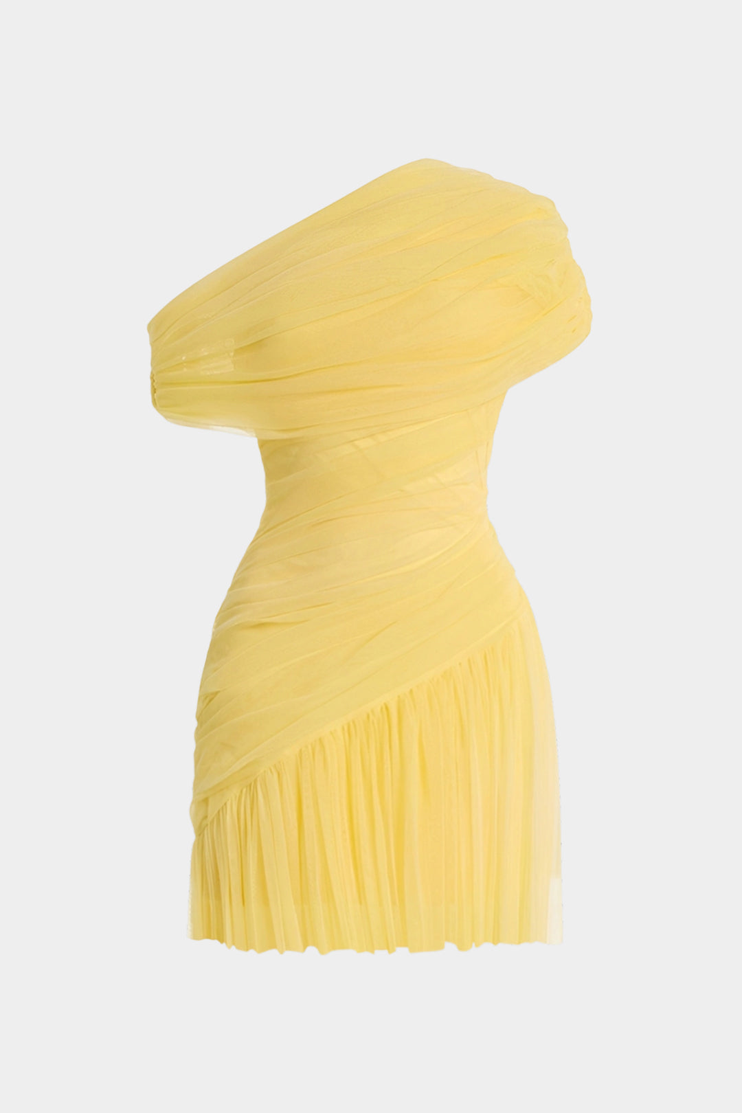 Mesh One Shoulder Asymmetrical Ruched Sleeveless Mini Dress